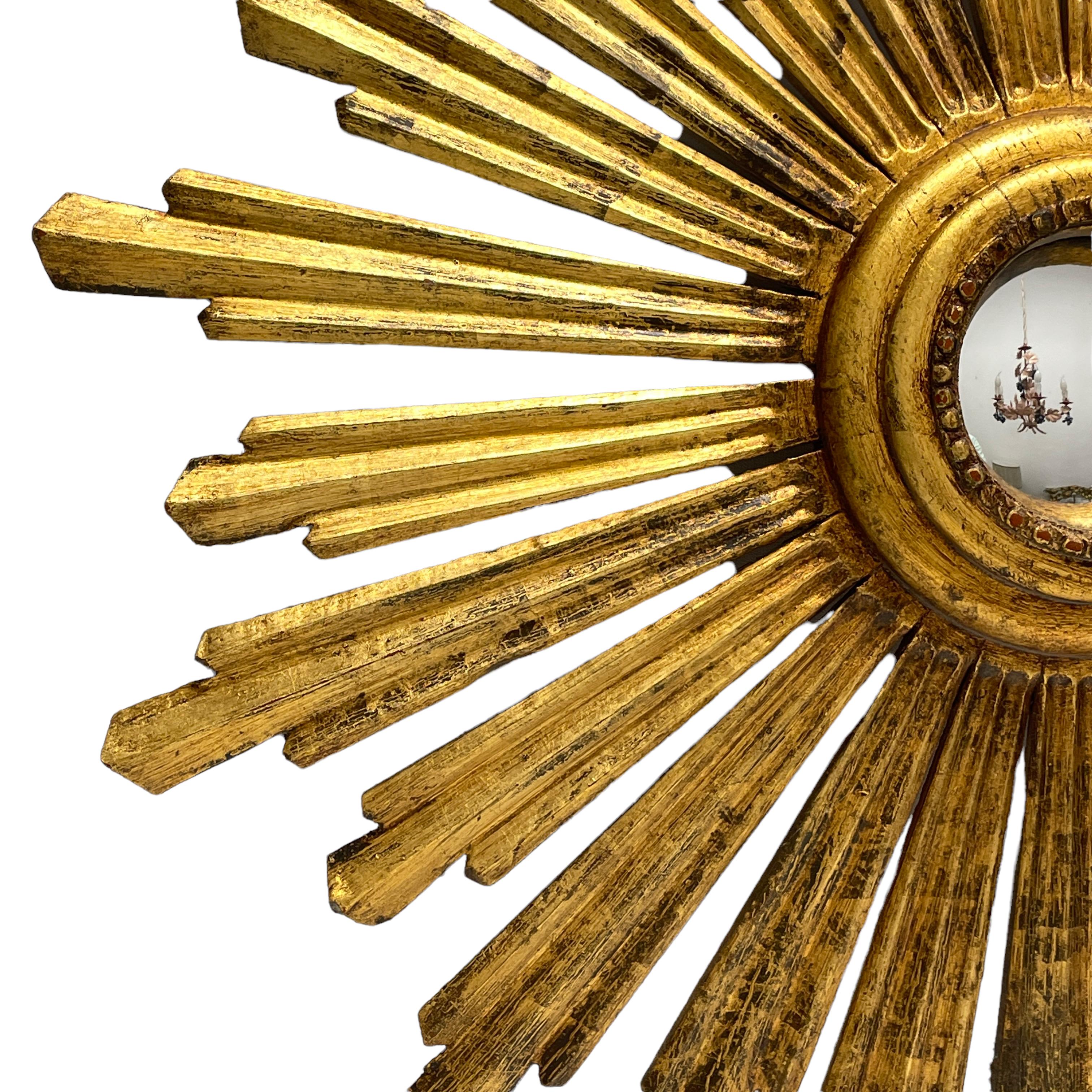 Beautiful Large Starburst Sunburst Gilded Convex Wood Mirror, Italy, circa 1960s 2