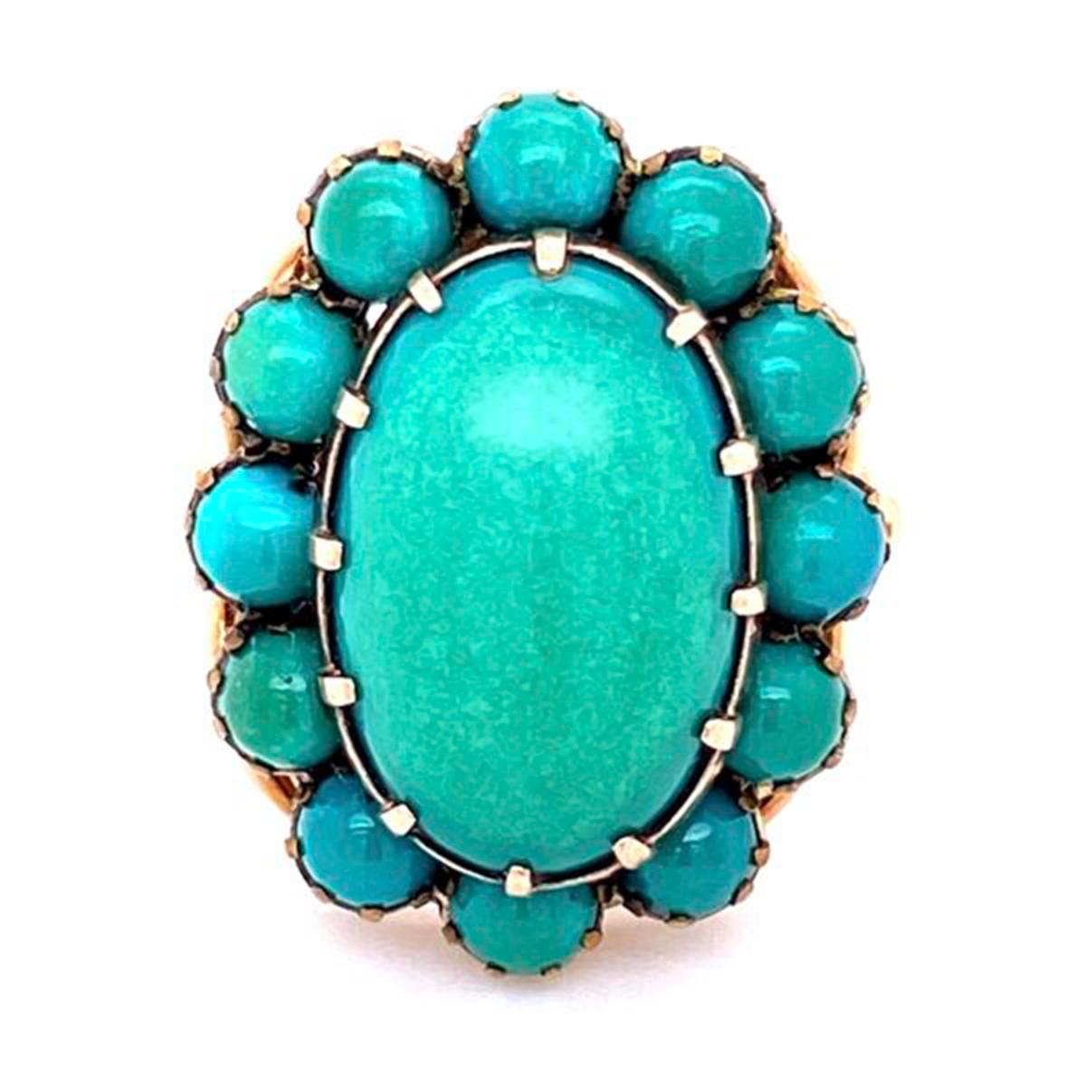 Arts and Crafts Beautiful Large Turquoise Cluster Gold Statement Ring Fine Estate Jewelry