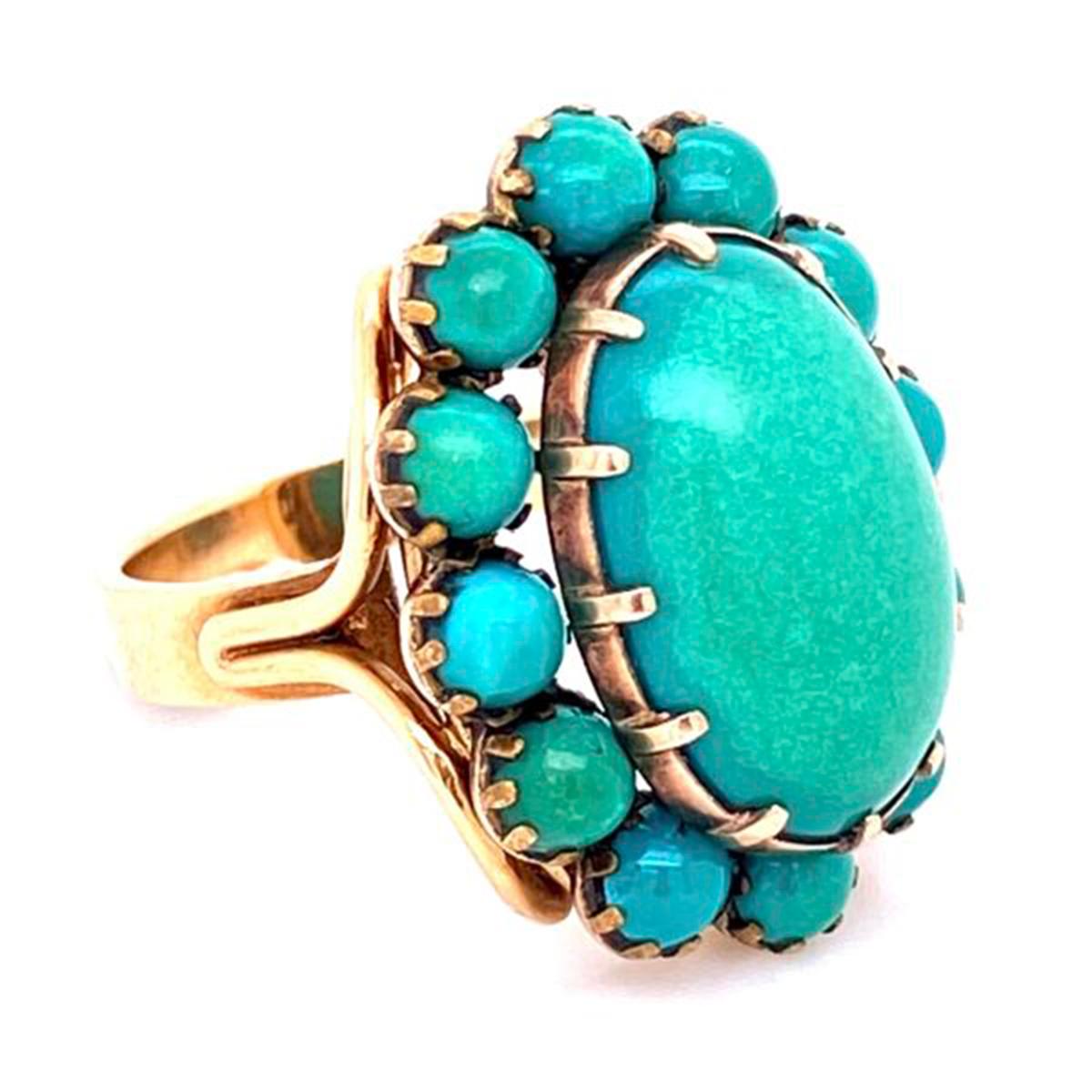 Beautiful Large Turquoise Cluster Gold Statement Ring Fine Estate Jewelry In Excellent Condition In Montreal, QC