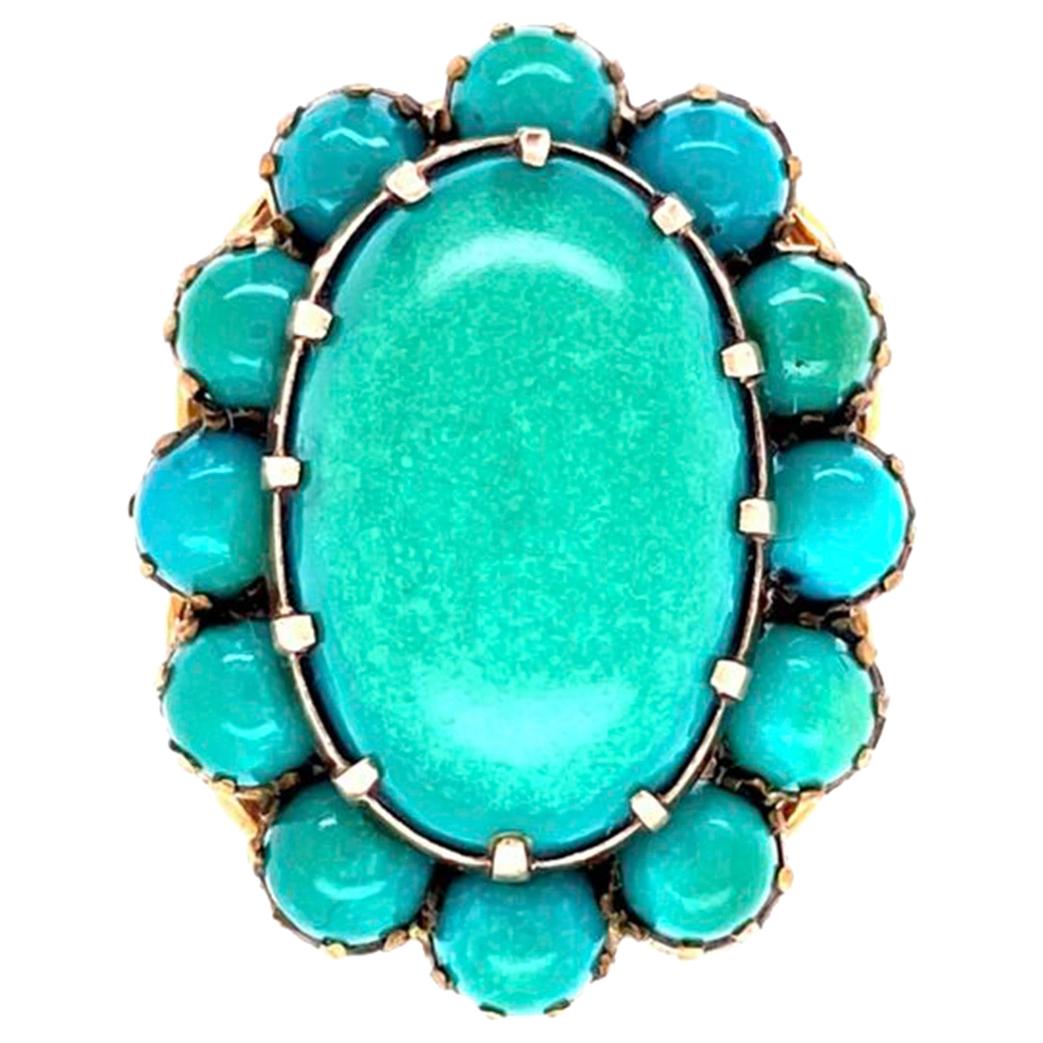 Beautiful Large Turquoise Cluster Gold Statement Ring Fine Estate Jewelry