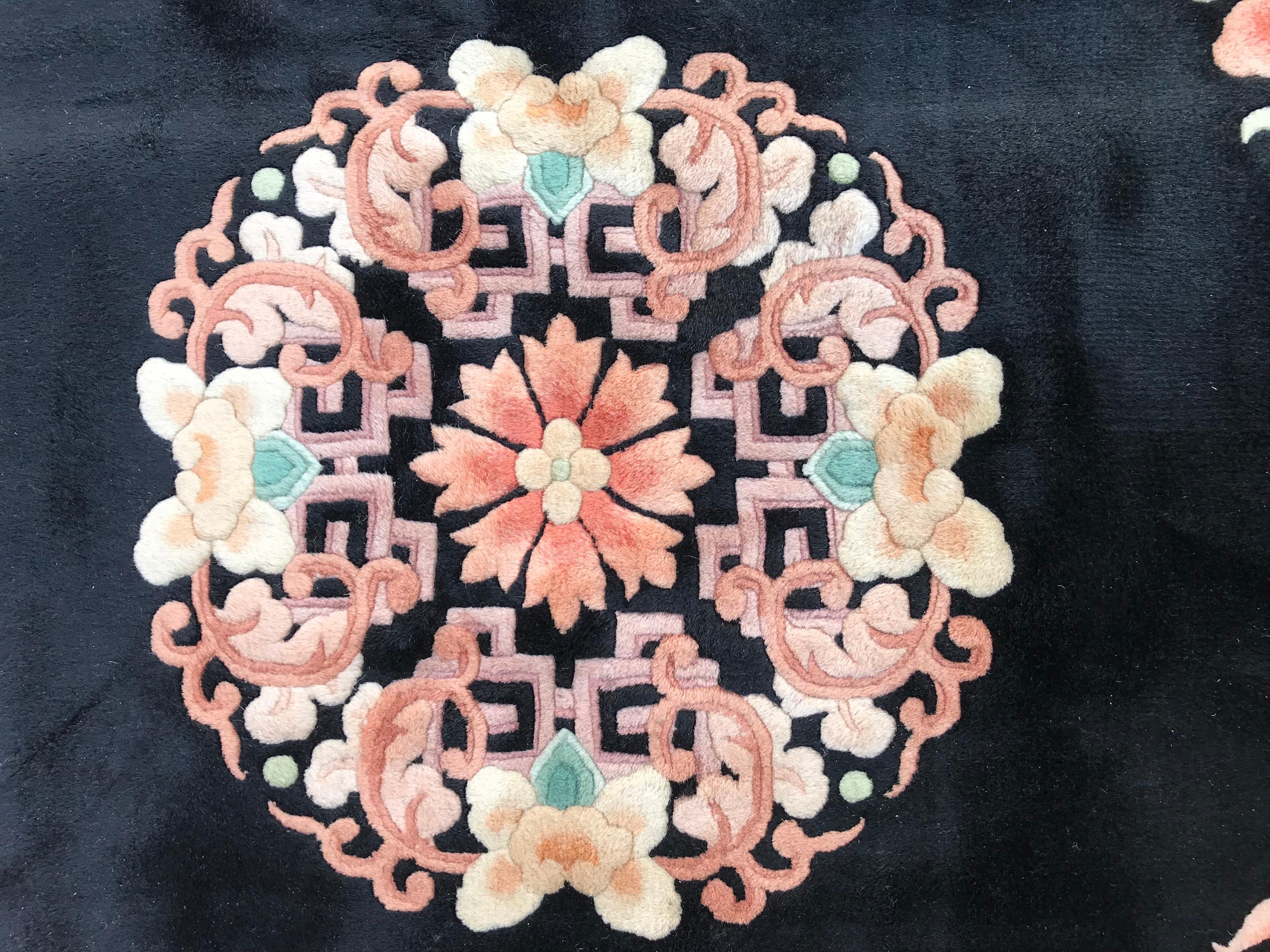 Bobyrug’s Beautiful Large Vintage Chinese Black Field Rug For Sale 2