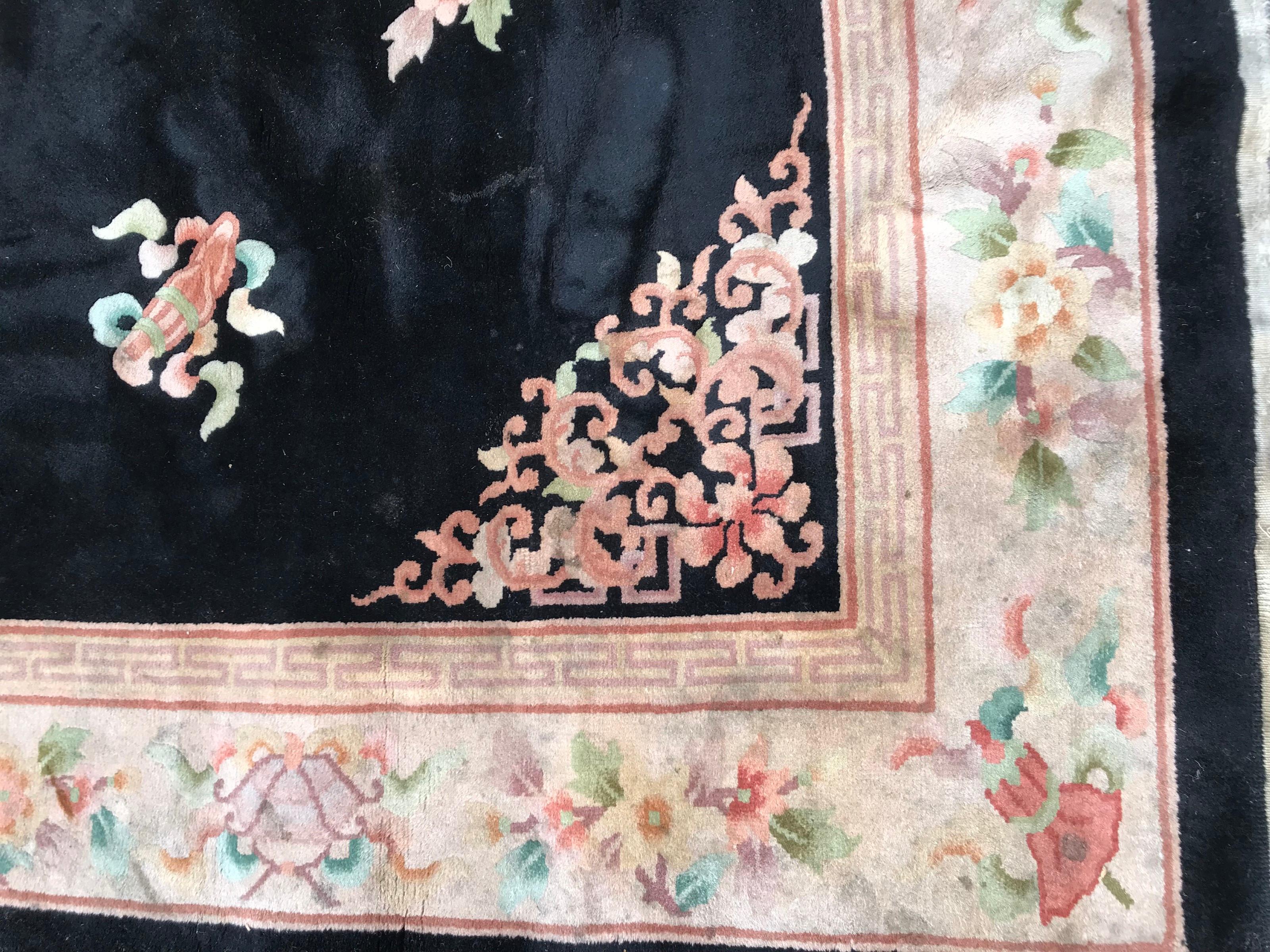 Chinoiserie Bobyrug’s Beautiful Large Vintage Chinese Black Field Rug For Sale