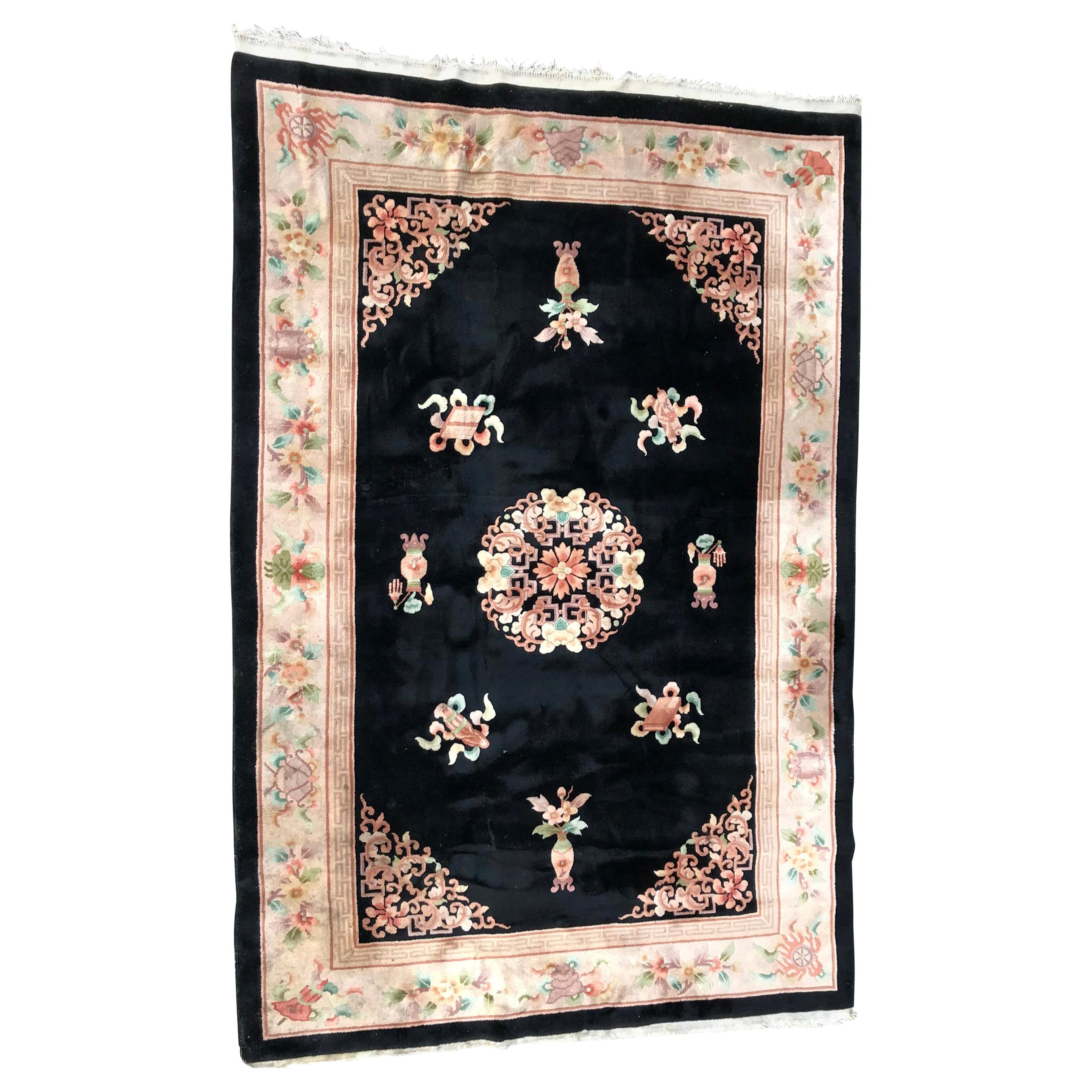 Bobyrug’s Beautiful Large Vintage Chinese Black Field Rug For Sale