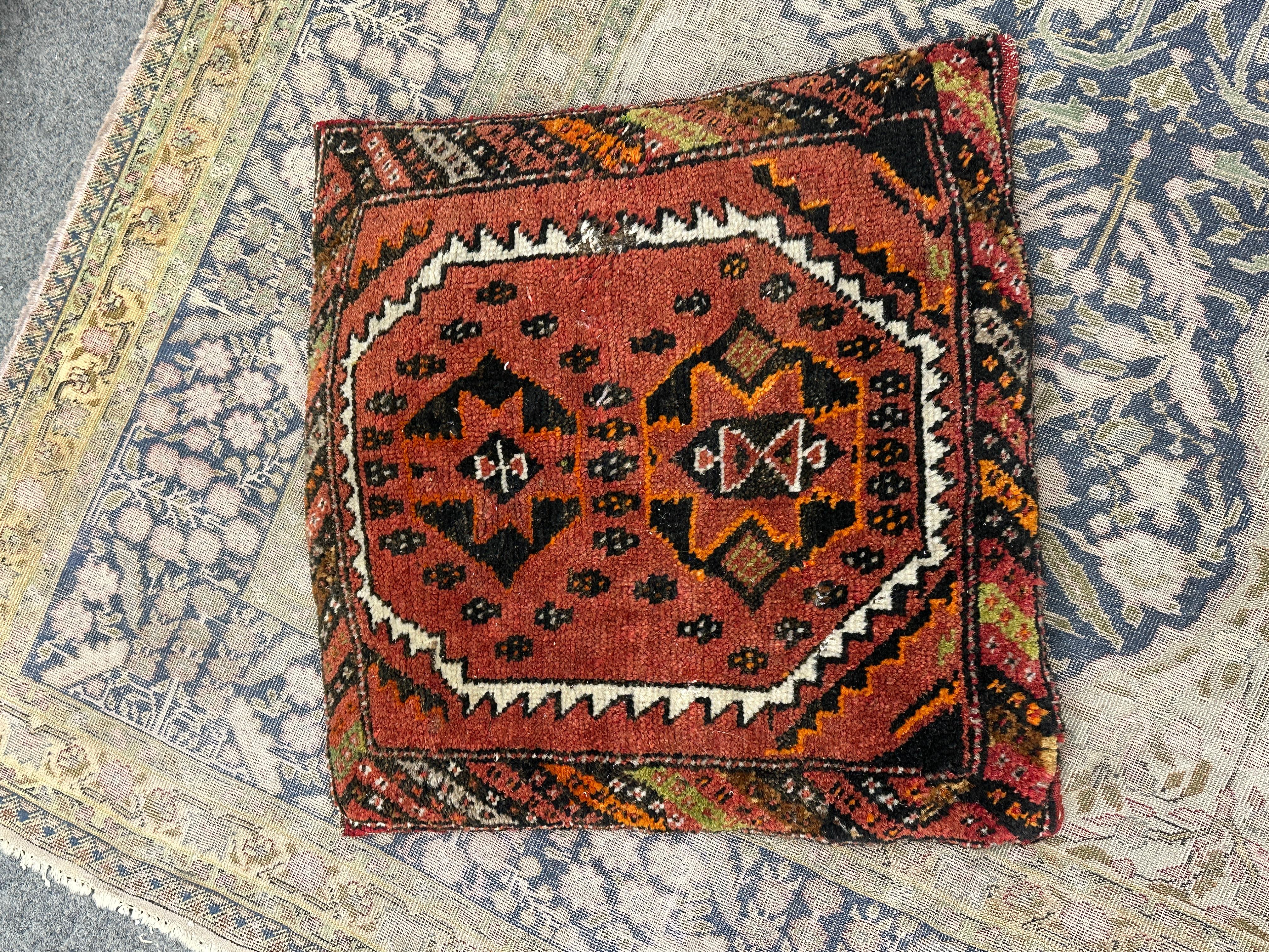 Gorgeous oriental pillow, cushion or seat pillow. Original vintage cushions made from Oriental rugs. Estimated to date from the 1950s/60s, the cushions themselves are vintage made (not recently made from vintage rugs) as can be seen by the