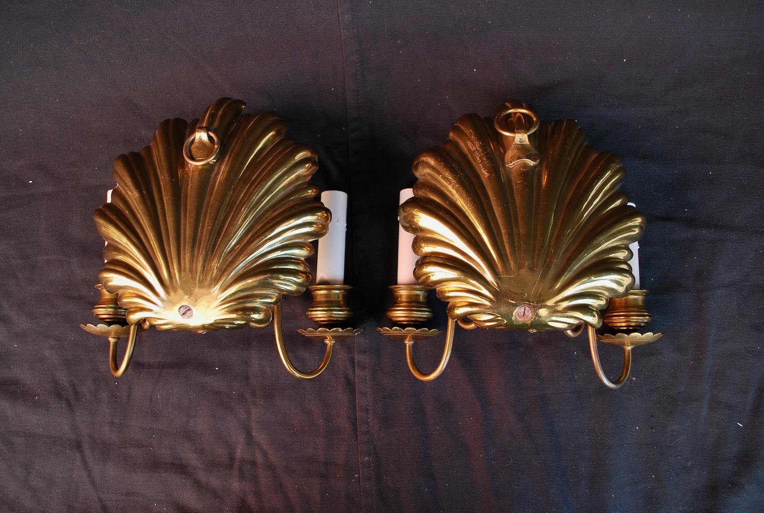 Beautiful Late 19th Century Brass Shell Sconces In Good Condition In Los Angeles, CA