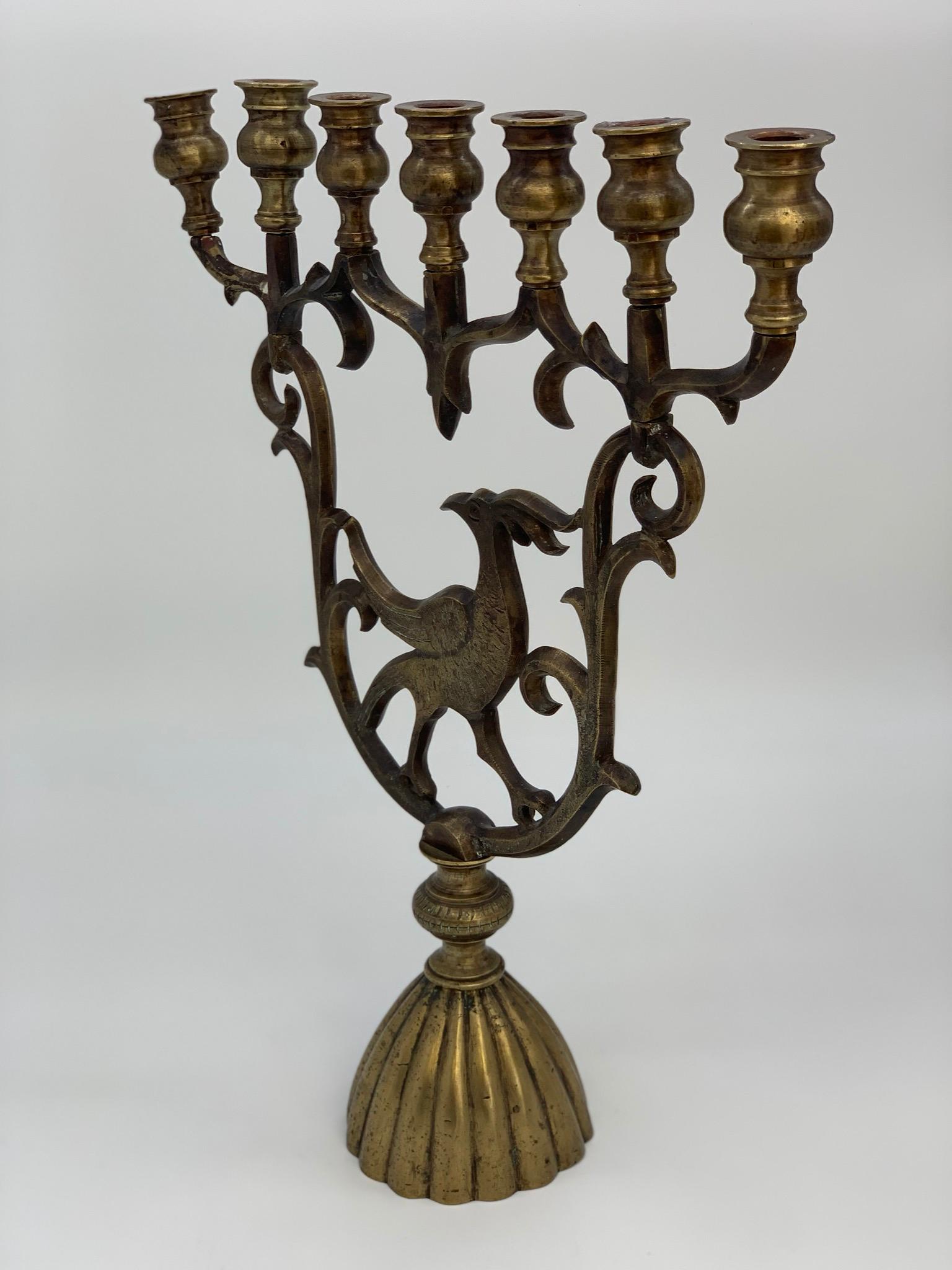 Romantic Beautiful Bronze Hanukkah Candleholder for 7 Candles with Pheonix For Sale