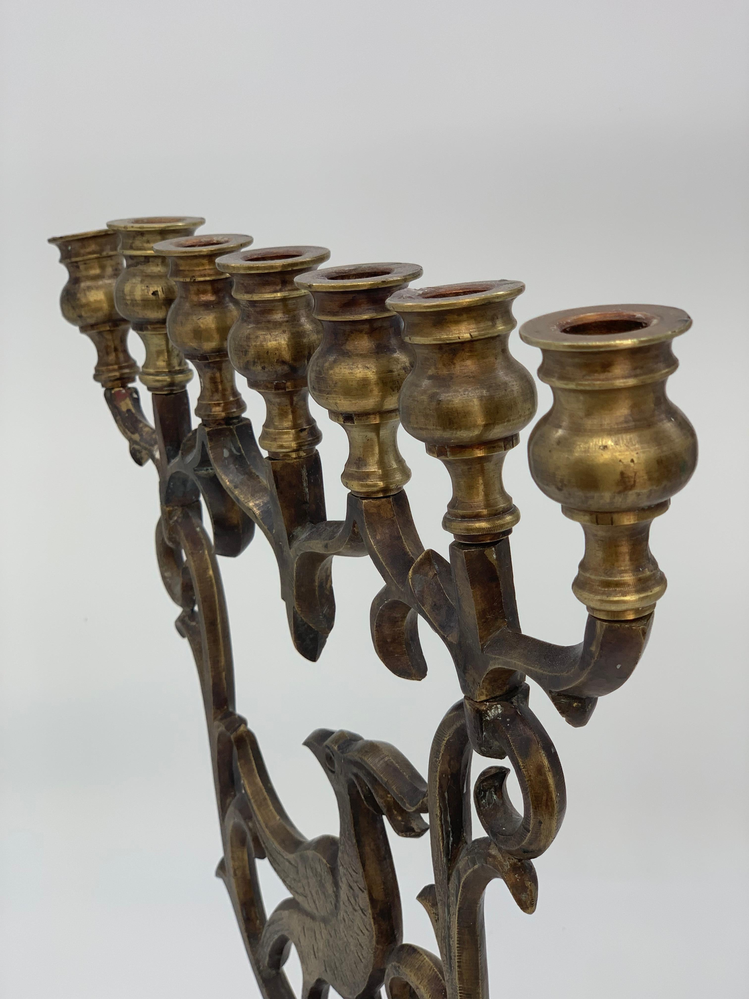 19th Century Beautiful Bronze Hanukkah Candleholder for 7 Candles with Pheonix For Sale