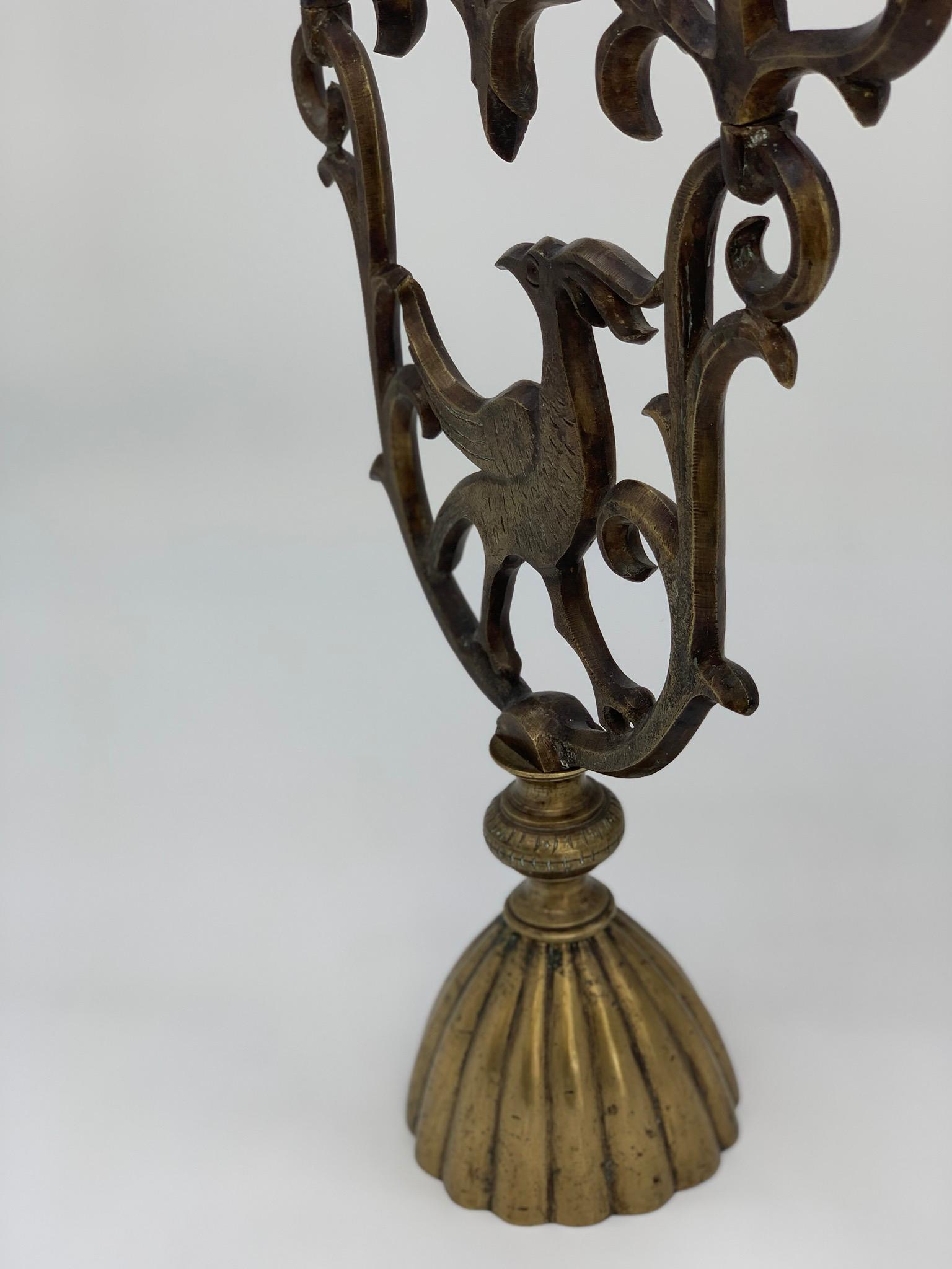 Beautiful Bronze Hanukkah Candleholder for 7 Candles with Pheonix For Sale 1