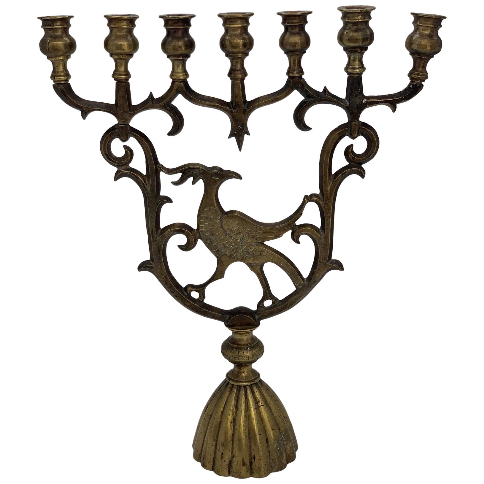 Beautiful Bronze Hanukkah Candleholder for 7 Candles with Pheonix For Sale