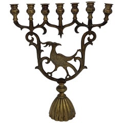 Antique Beautiful Bronze Hanukkah Candleholder for 7 Candles with Pheonix