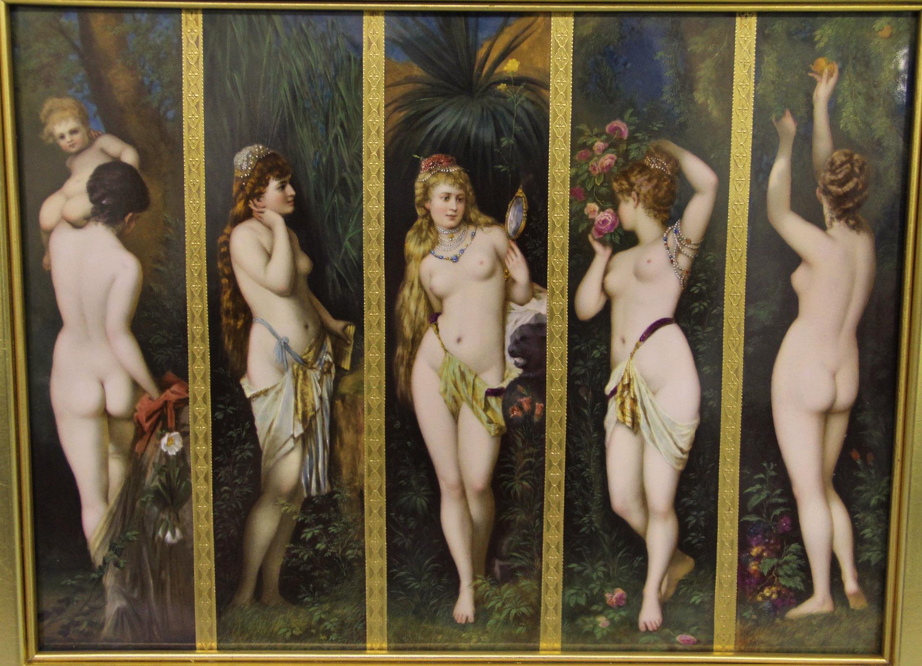 A Beautiful Late 19th century Berlin K.P.M. – Vienna style porcelain rectangular plaque of the five senses

Signed Knoeller

Finely painted after Hans Makart with the five vertical panels, each depicting a female nude against an exotic