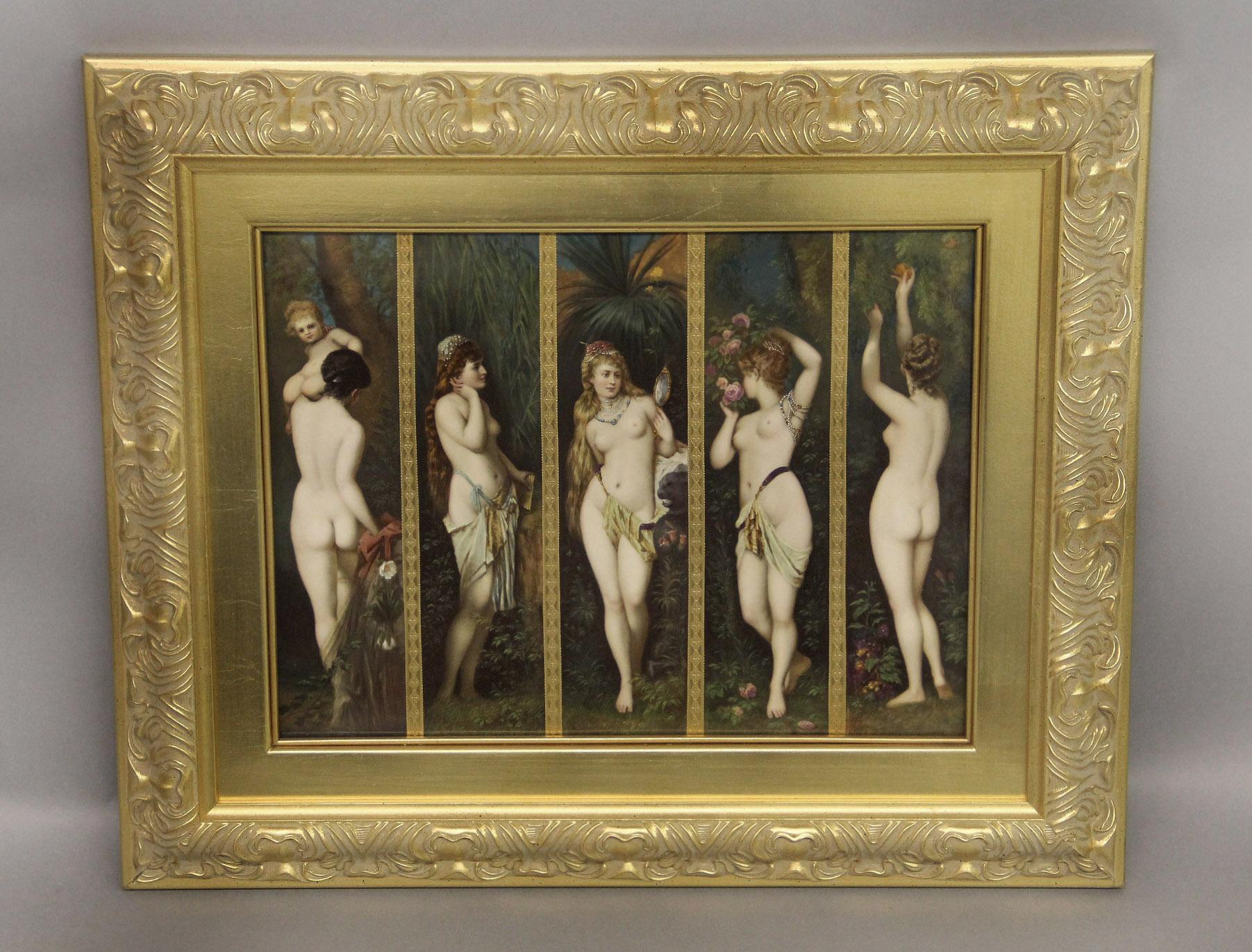 Preciosa placa rectangular de porcelana de finales del siglo XIX K.P.M. Berlin - Estilo vienés de los cinco sentidos

Firmado Knoeller

Finamente pintado según Hans Makart con los cinco paneles verticales, cada uno de los cuales representa un