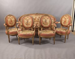 Beautiful Late 19th Century Five-Piece Carved Giltwood Aubusson Parlor Set