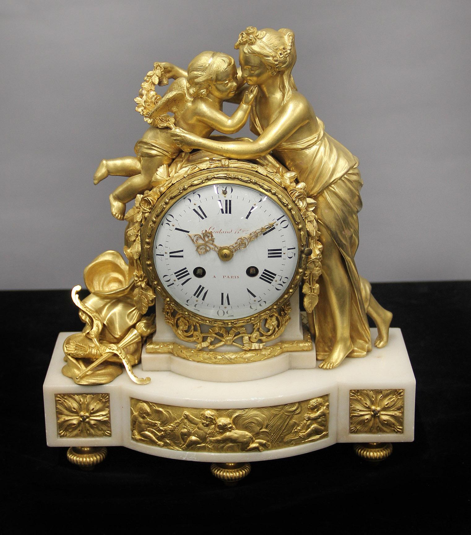Belle Époque Beautiful Late 19th Century Gilt Bronze and Marble Clock Set – Lieutaud Paris For Sale