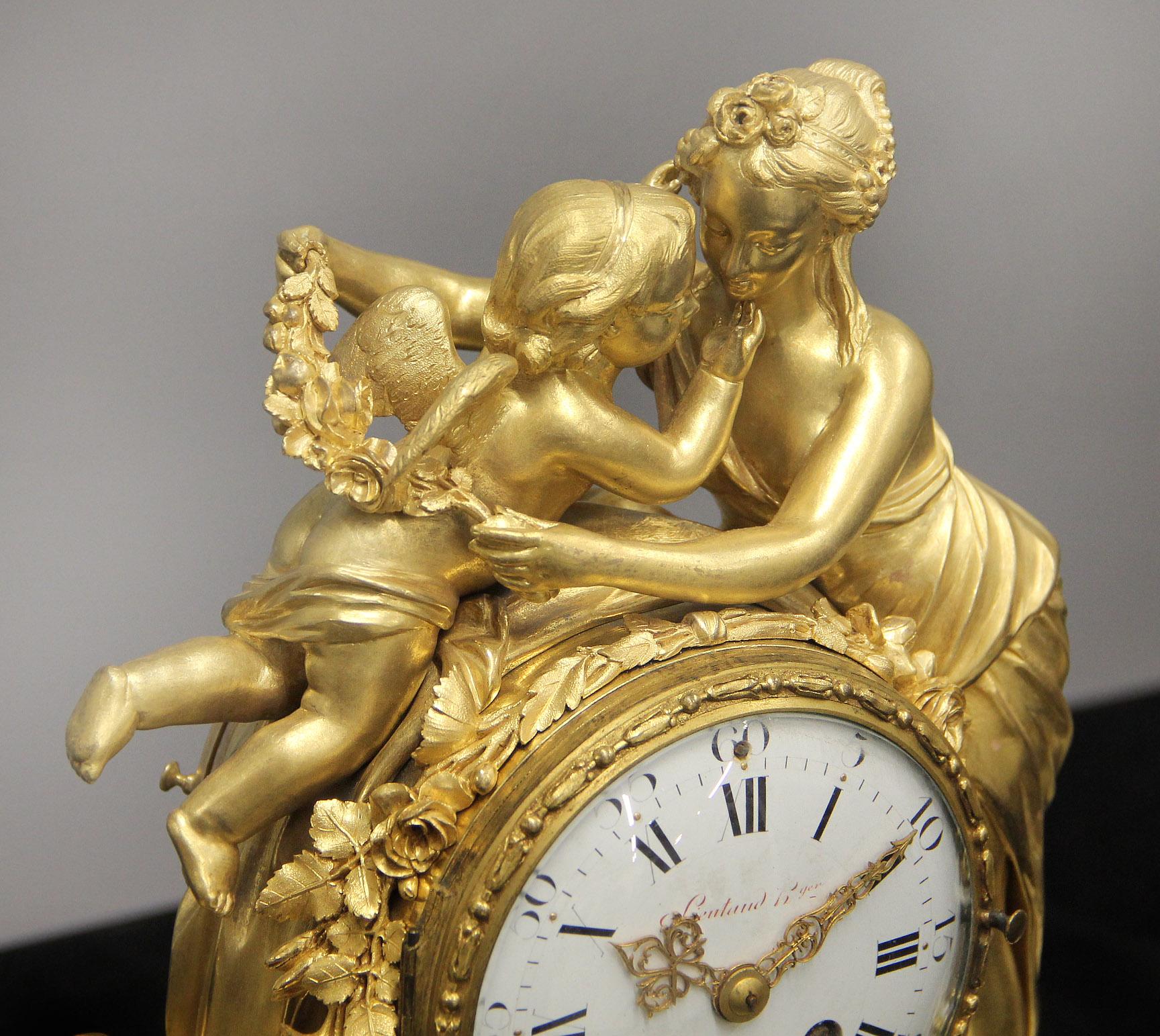 French Beautiful Late 19th Century Gilt Bronze and Marble Clock Set – Lieutaud Paris For Sale