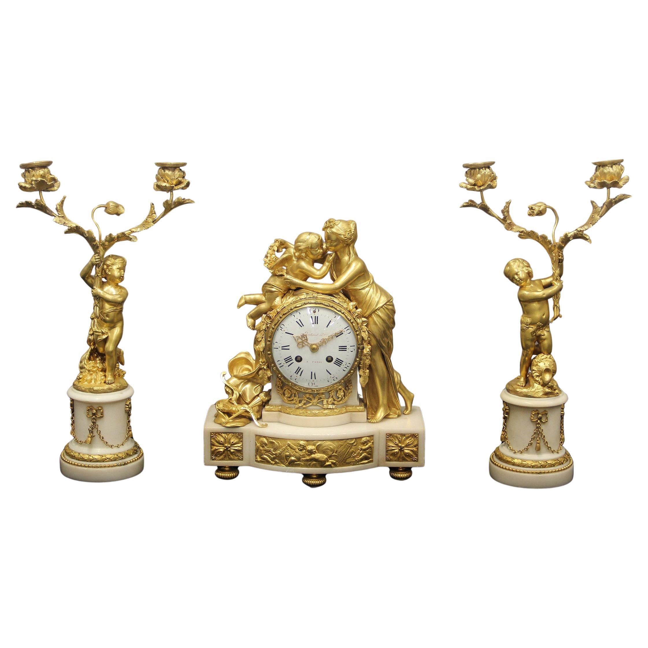 Beautiful Late 19th Century Gilt Bronze and Marble Clock Set – Lieutaud Paris For Sale