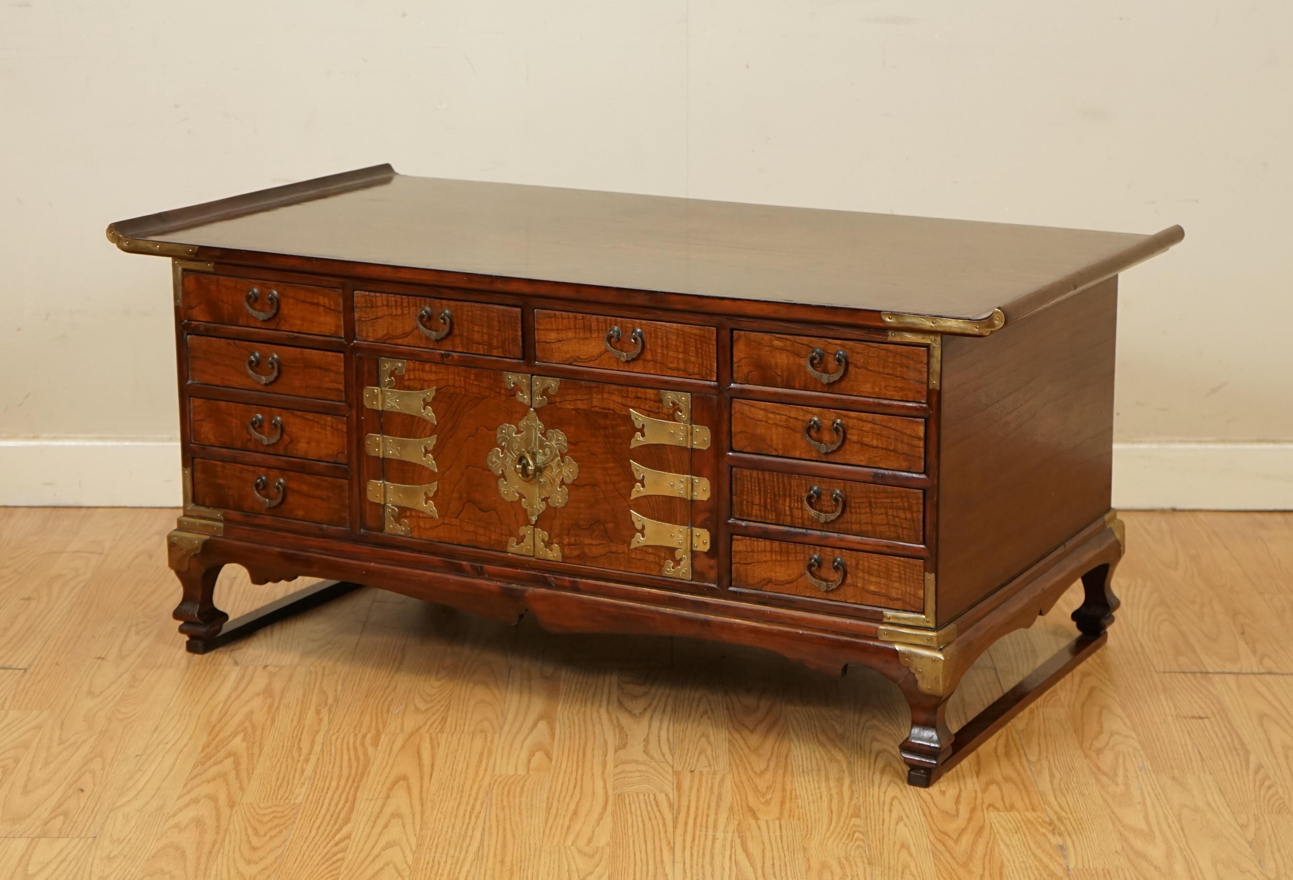 Hand-Crafted Beautiful Late 19th Century Korean Elm Coffee Table with Lots of Drawers