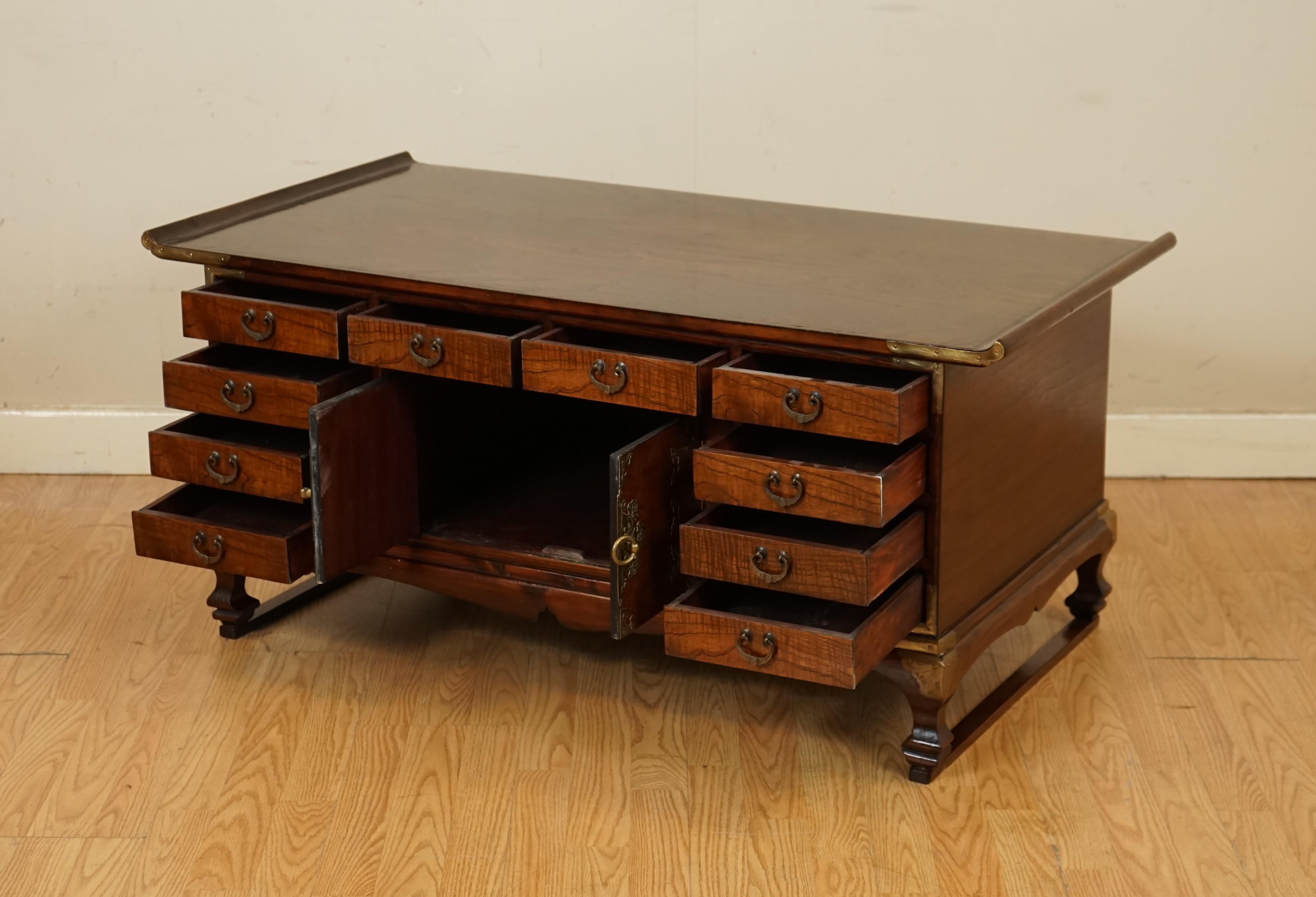 Brass Beautiful Late 19th Century Korean Elm Coffee Table with Lots of Drawers