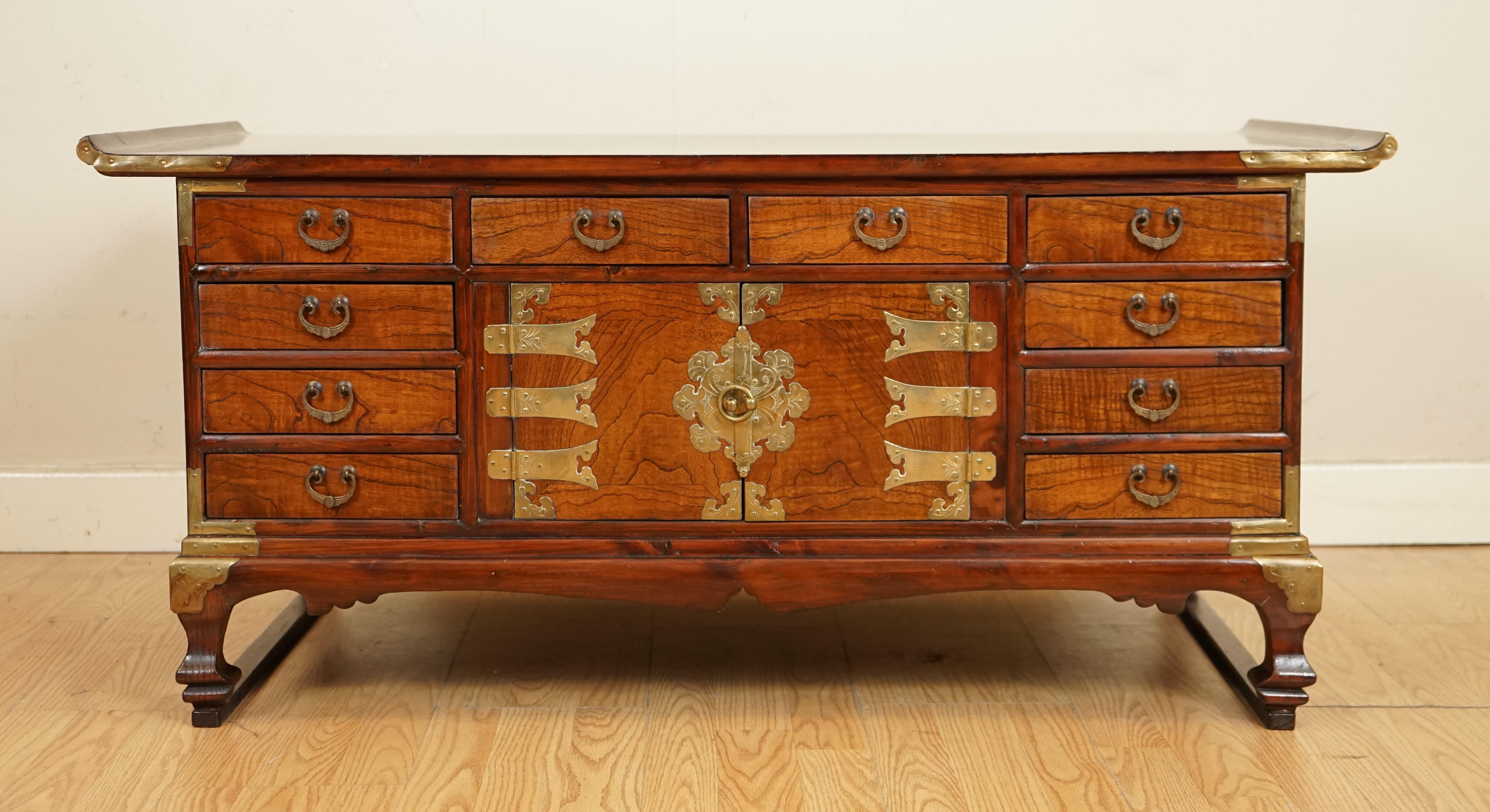 Beautiful Late 19th Century Korean Elm Coffee Table with Lots of Drawers 1