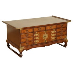 Antique Beautiful Late 19th Century Korean Elm Coffee Table with Lots of Drawers
