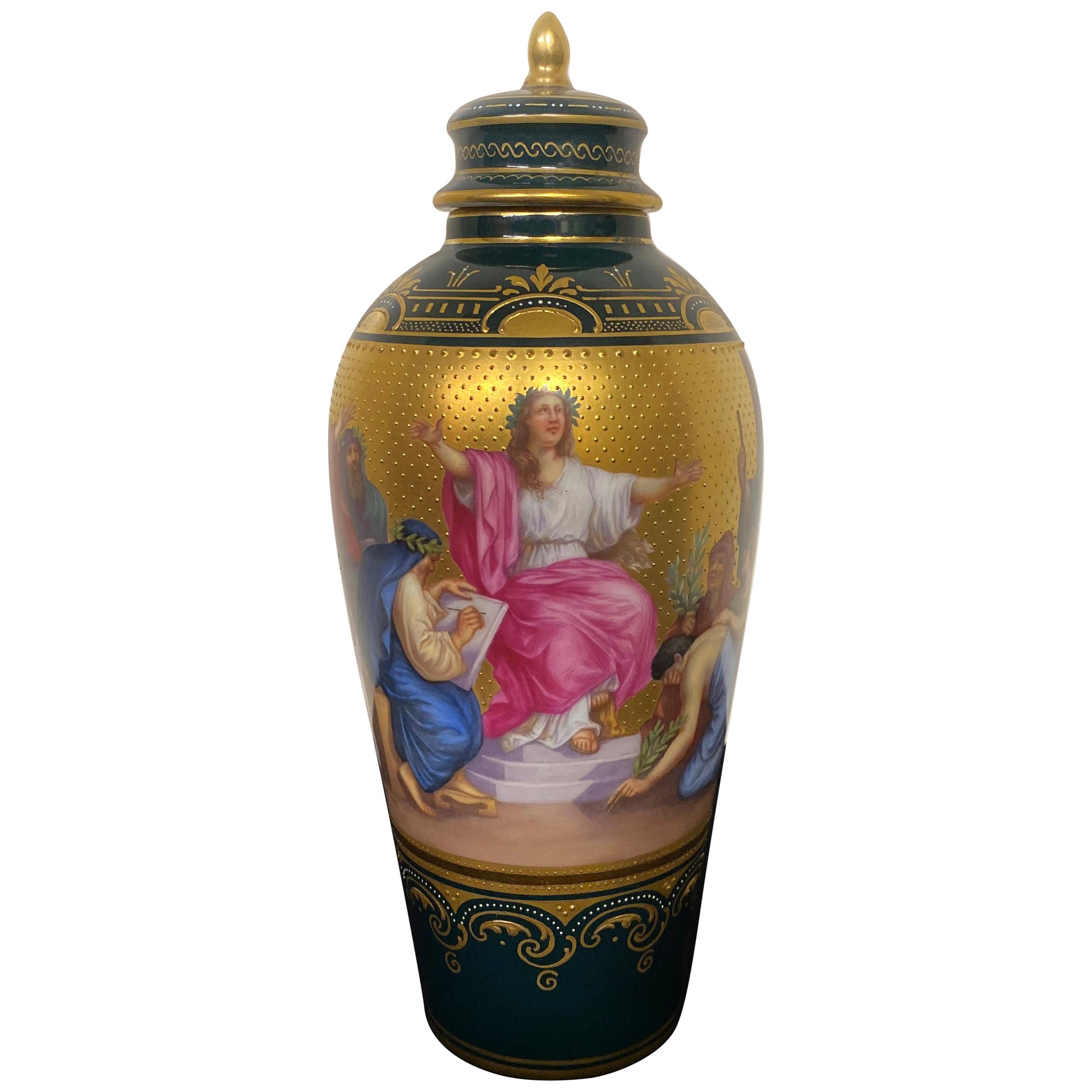 Precioso jarrón de porcelana Royal Vienna de finales del siglo XIX que representa a Apolo