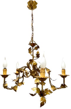 Beautiful Leaf Five-Light Tole Hollywood Regency Chandelier Gilded, Italy, 1960s