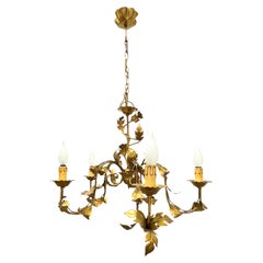 Beautiful Leaf Five-Light Tole Hollywood Regency Chandelier Gilded, Italy, 1960s