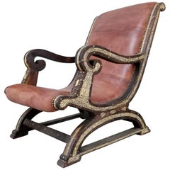 Beautiful Vintage Leather Cedar Chair with Camel Bone from Morocco