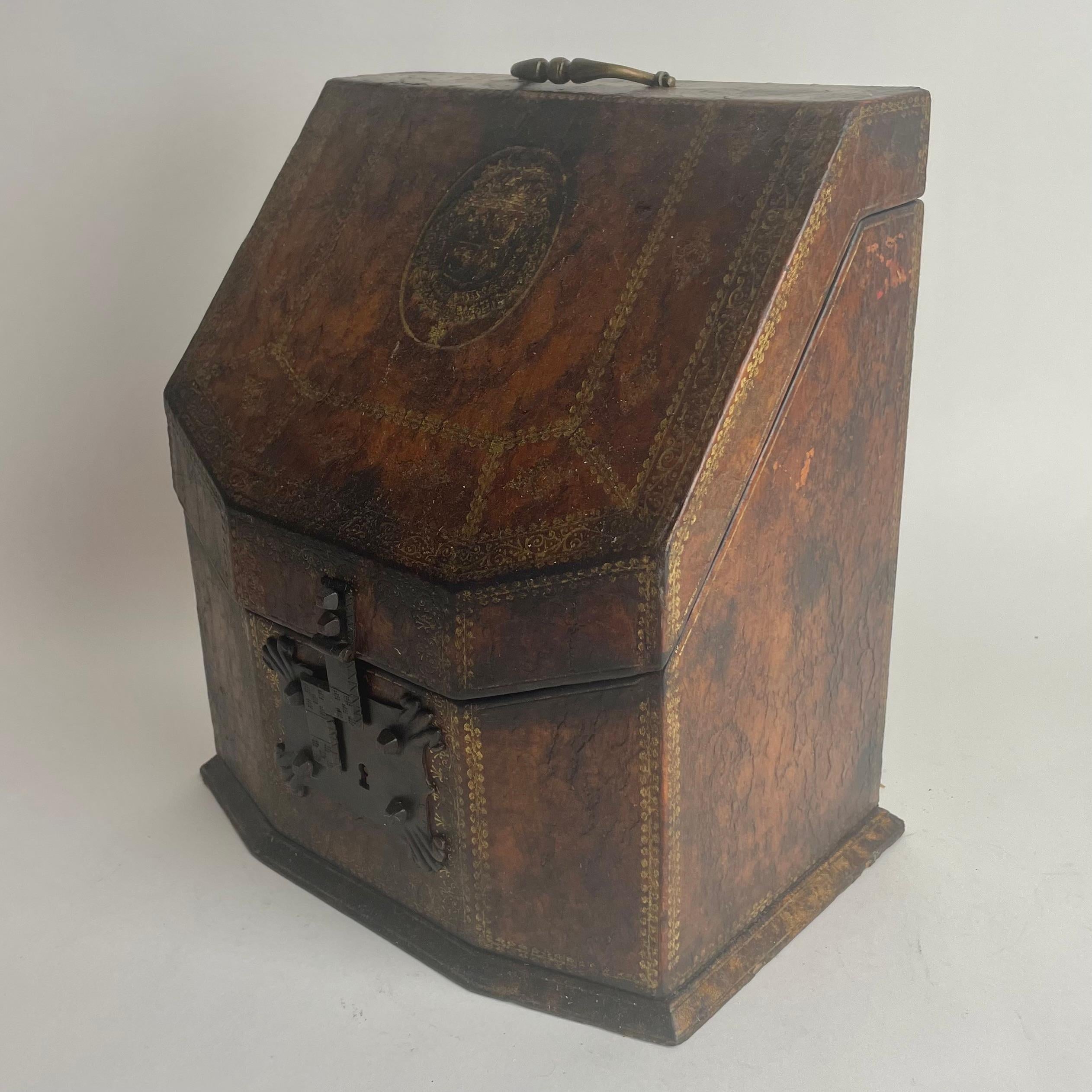 European Beautiful Leather Letter Holder with gilded details and coat of arms.