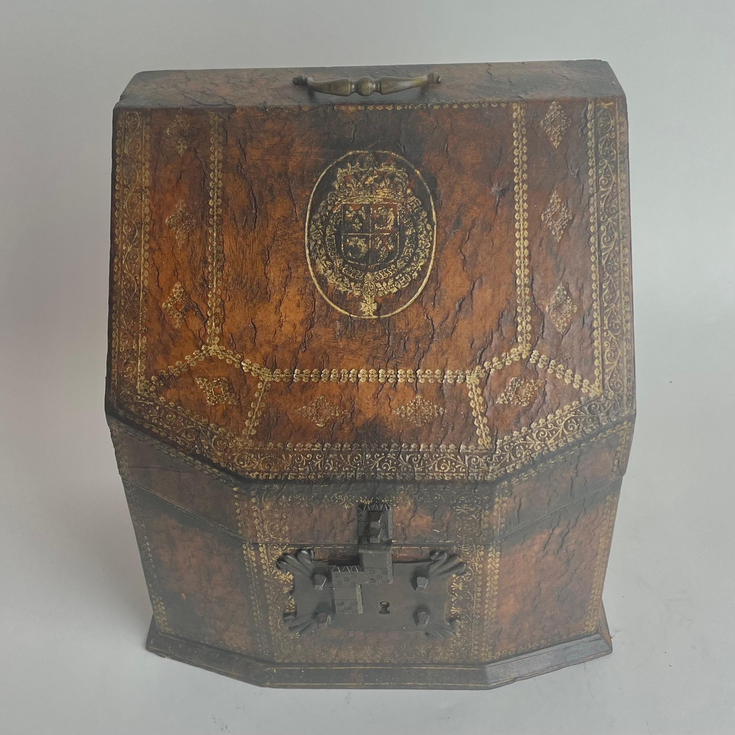 19th Century Beautiful Leather Letter Holder with gilded details and coat of arms.