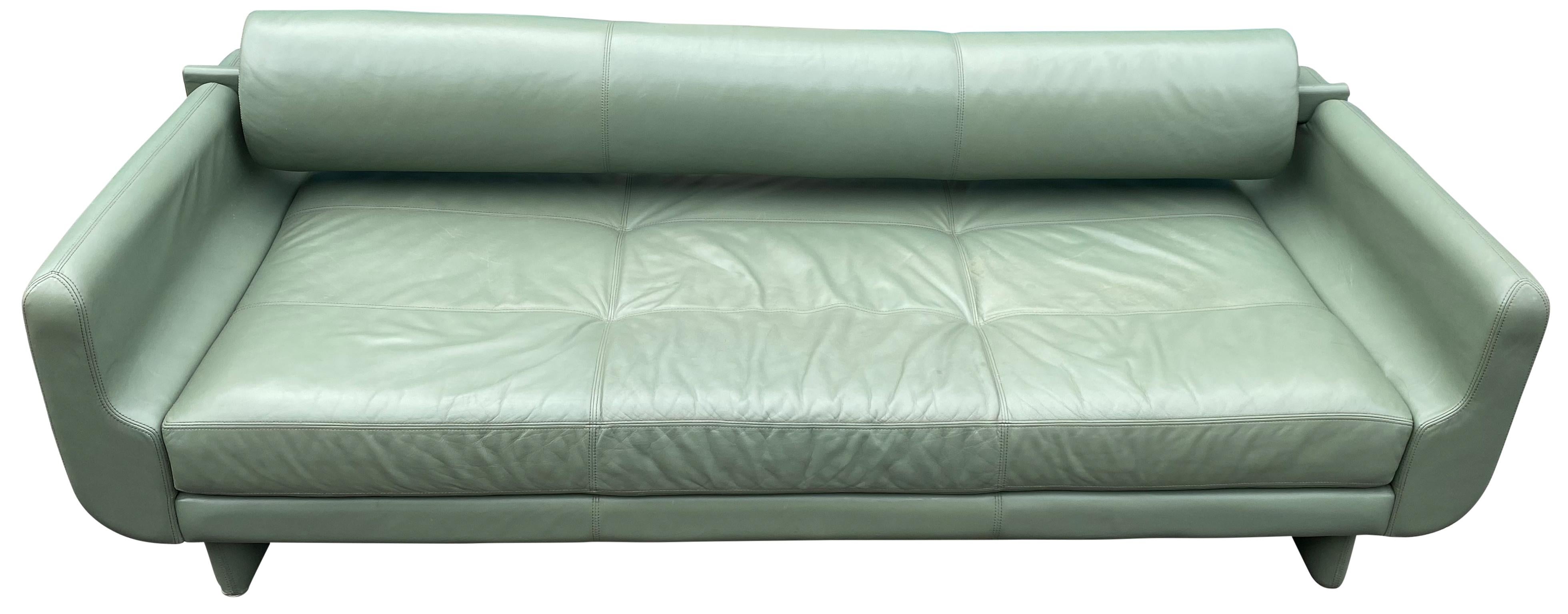 Beautiful designer leather matinee daybed sofa designed by Vladimir Kagan for American Leather Studios. Amazing light green sage soft leather. Has a (1) removable back bolster in sage green leather. When the back bolster is removed the sofa converts