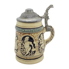 Beautiful Lidded German Used Beer Stein, Ceramic Glazed, 1910s