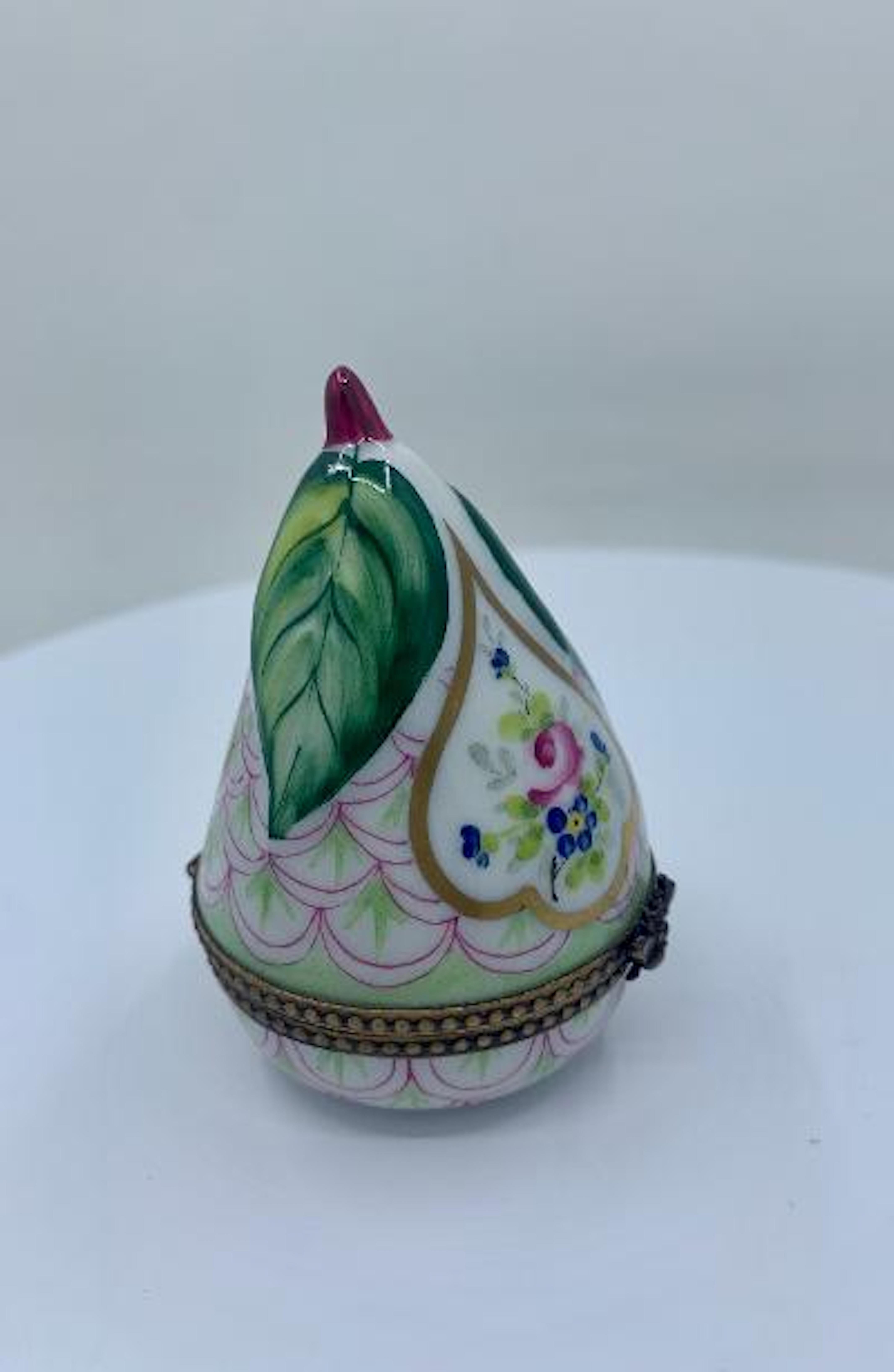 French Beautiful Limoges France Hand Painted Porcelain Pear Box with Bee Closure For Sale