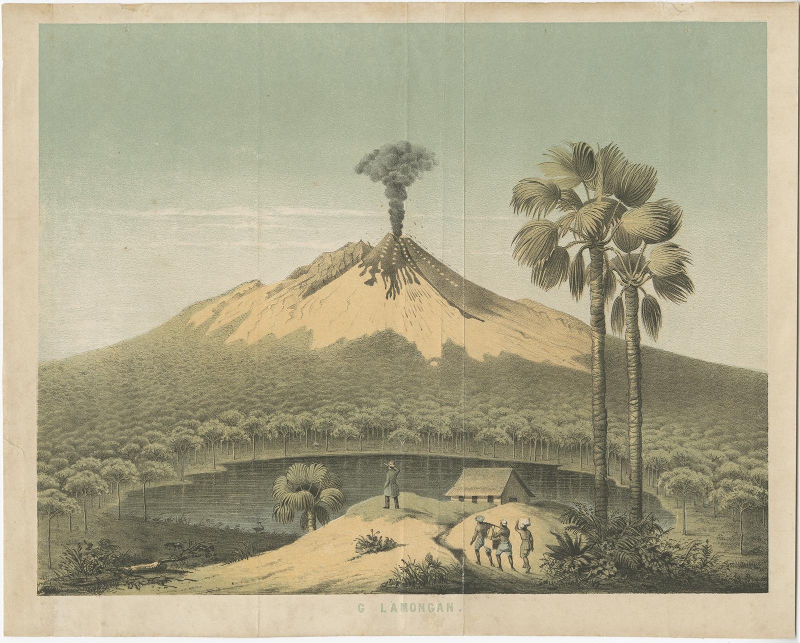 Antique print titled 'G. Lamongan'. Beautiful lithograph of Gunung Lamongan. Gunung Lamongan or Mount Lamongan (1,651m - 5, 417 ft) is a small stratovolcano located between the massif Tengger caldera complex and Iyang-Argapura volcano complex in