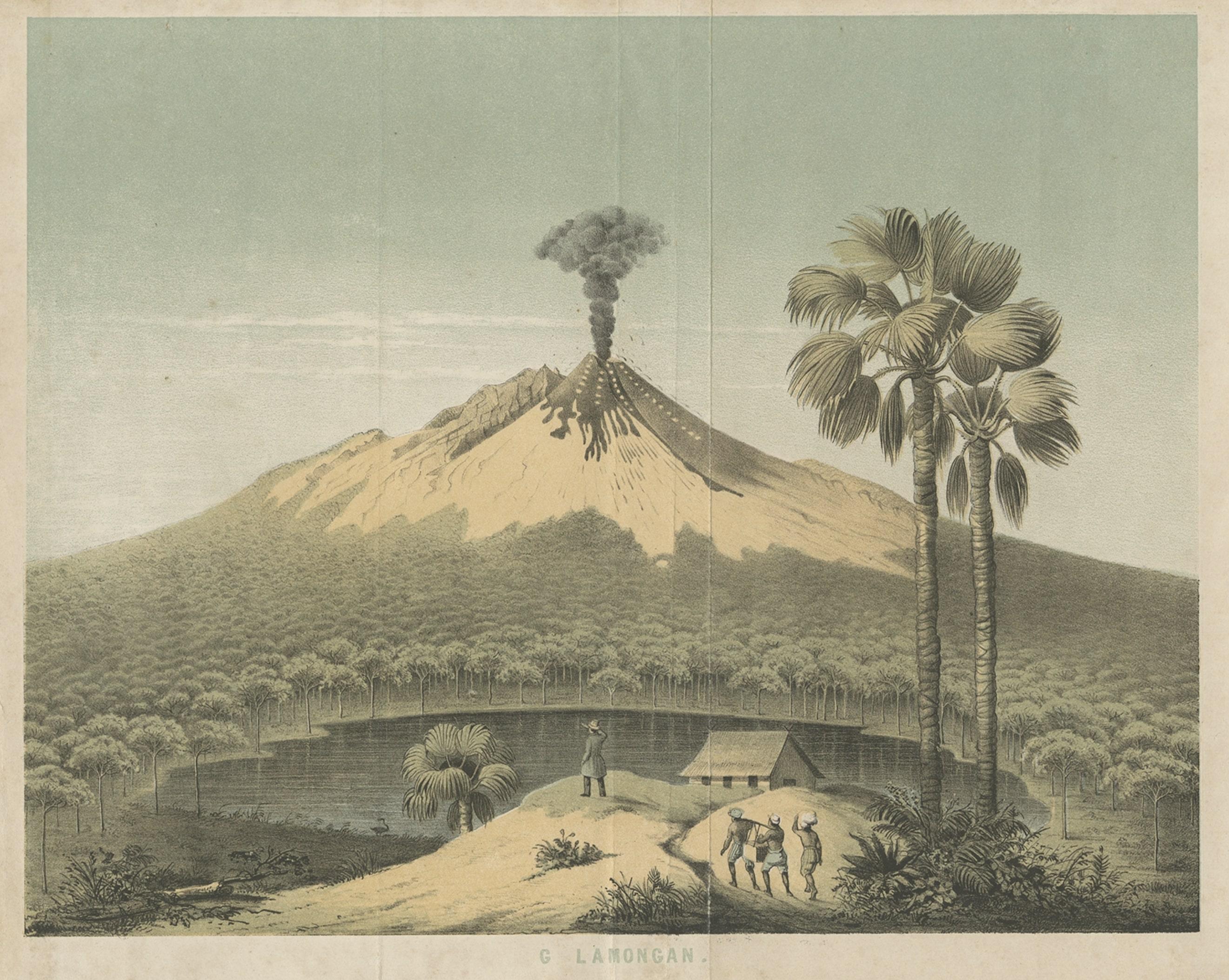 Beautiful Lithograph of The Vulcano Gunung Lamongan, Java, Indonesia, c.1853 In Good Condition For Sale In Langweer, NL