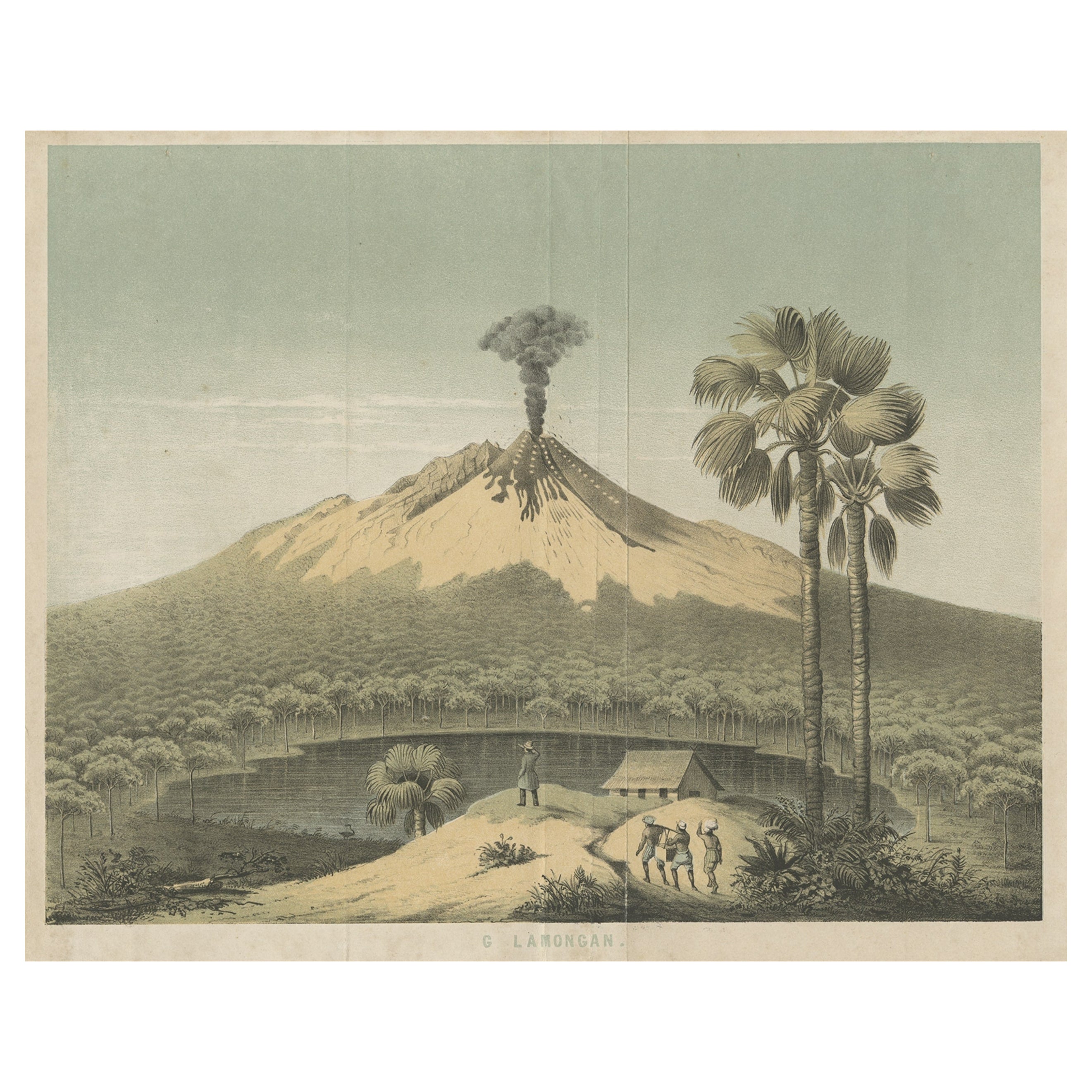 Preciosa litografía del volcán Gunung Lamongan, Java, Indonesia, c.1853