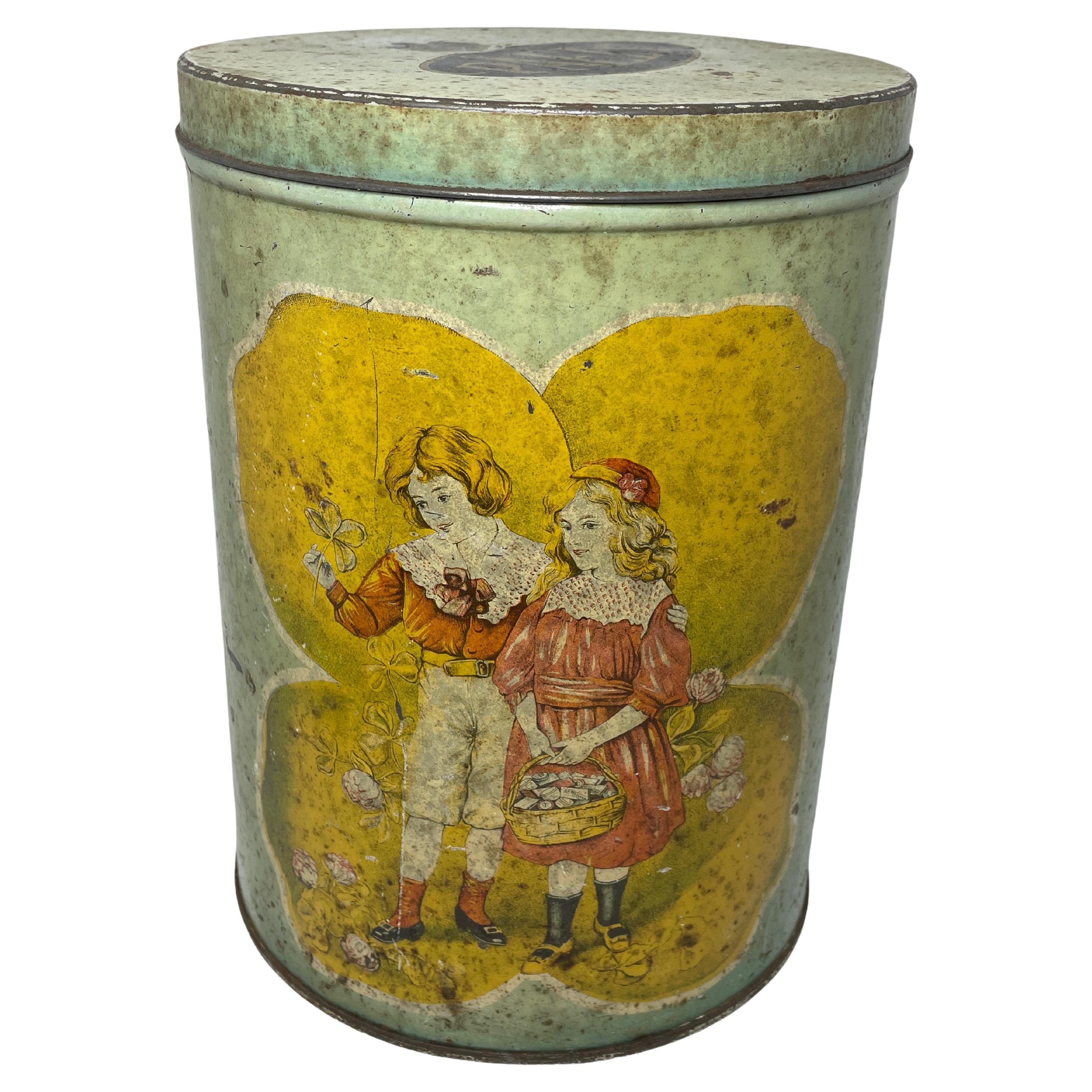 Preciosa Caja de Lata Litografiada de Galletas de Caramelo Publicidad Vintage Suecia, Década de 1910