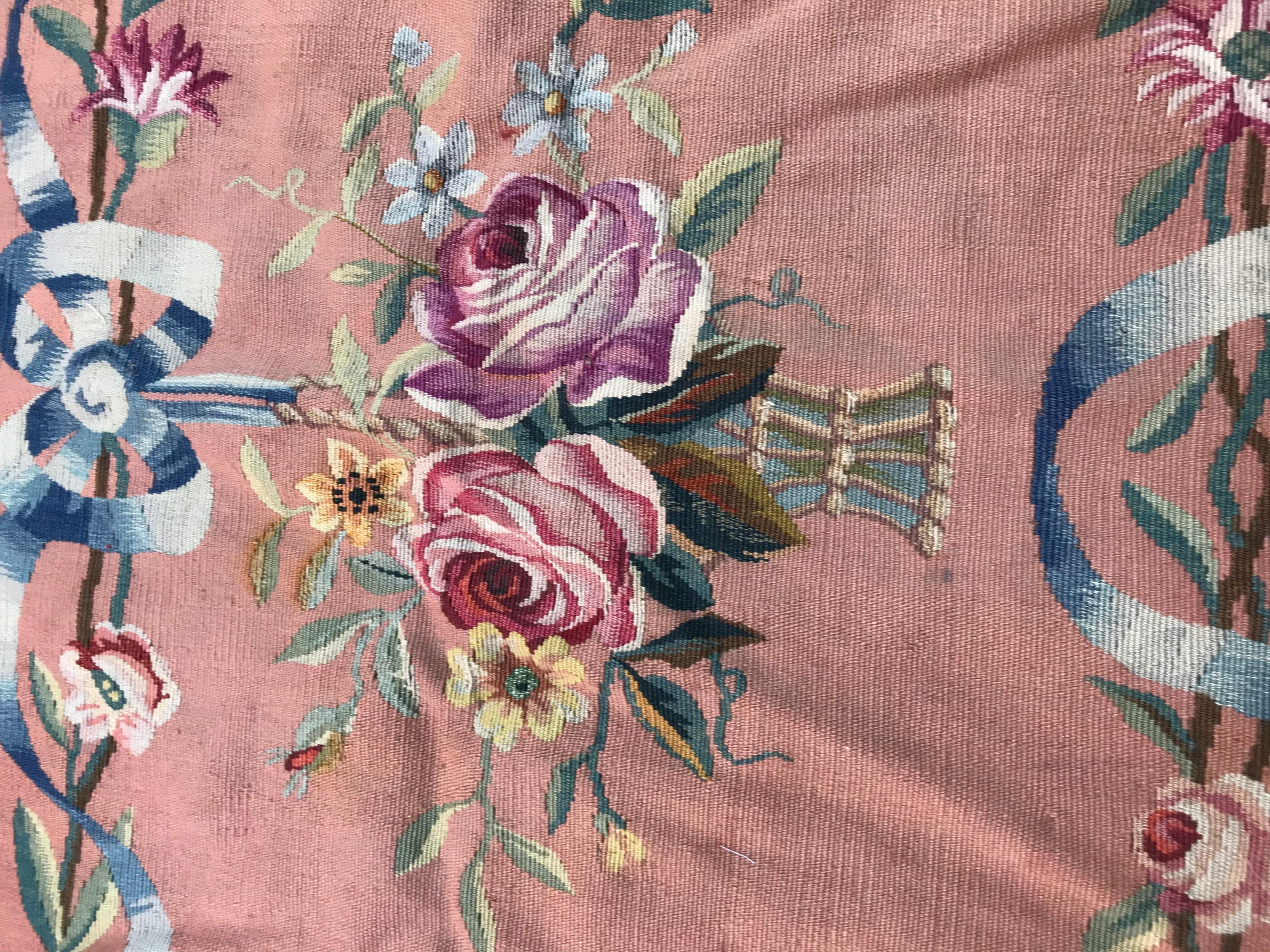 19th Century Bobyrug’s Beautiful Little Antique Aubusson Flat Rug Tapestry For Sale