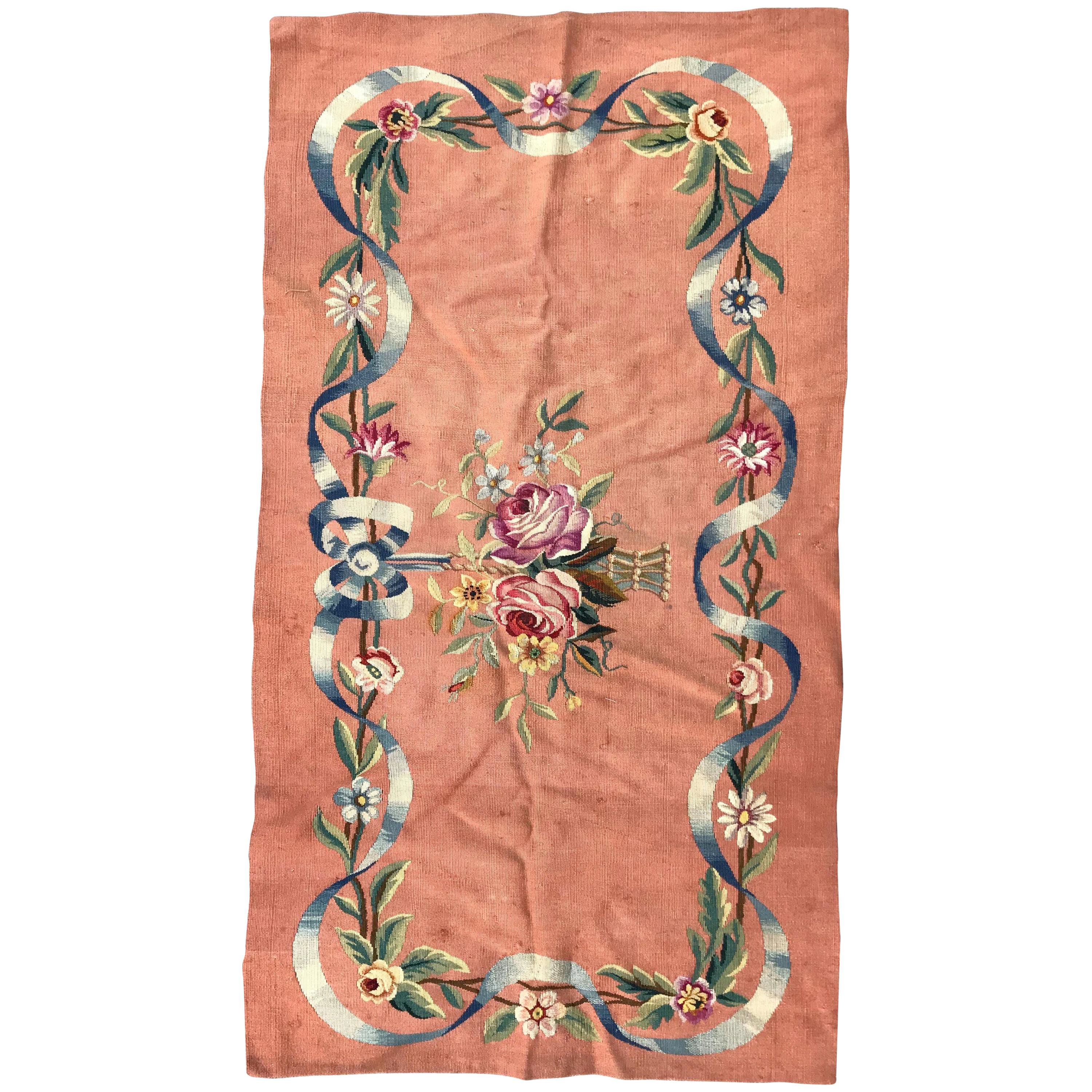 Beautiful Little Antique Aubusson Flat Rug Tapestry