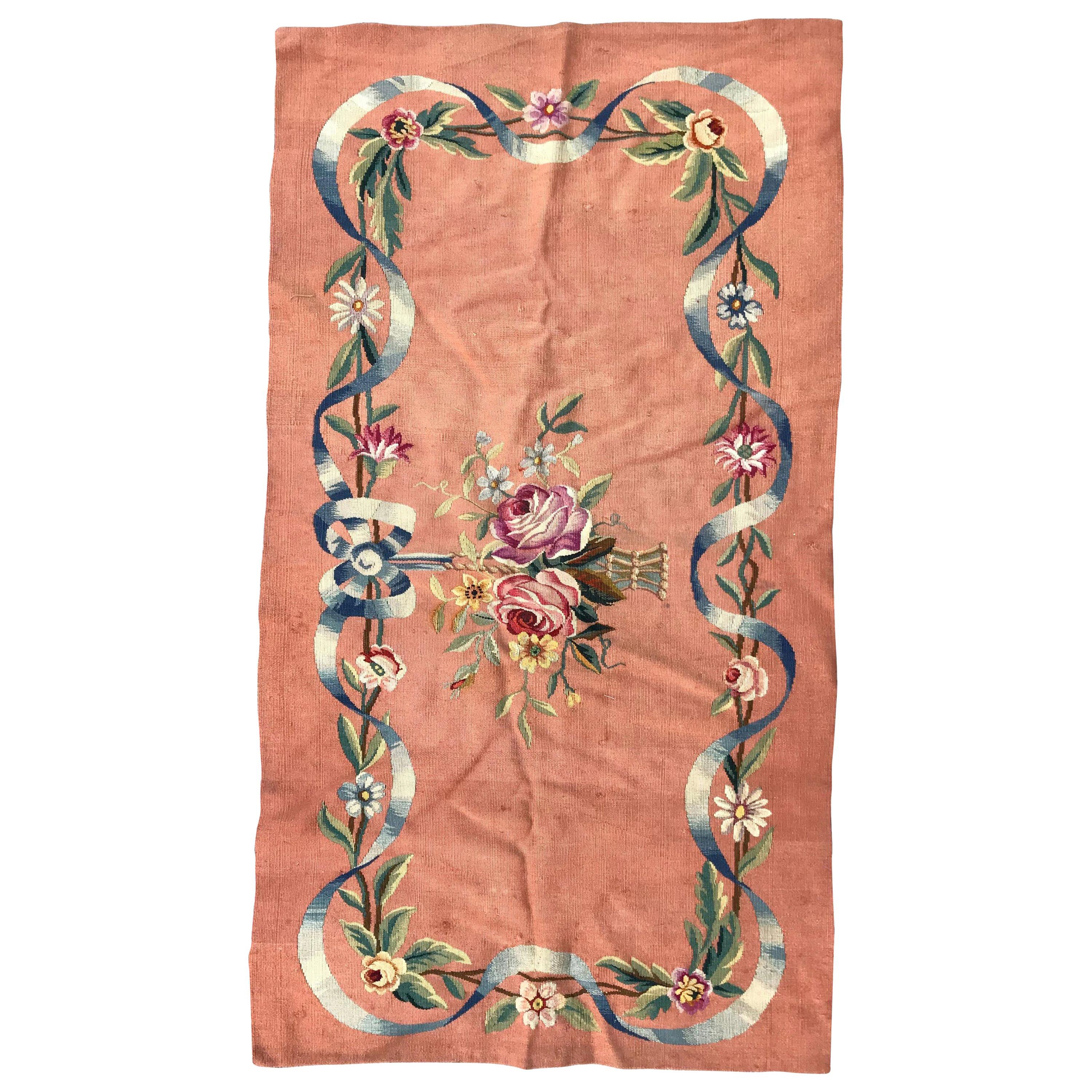 Bobyrug’s Beautiful Little Antique Aubusson Flat Rug Tapestry