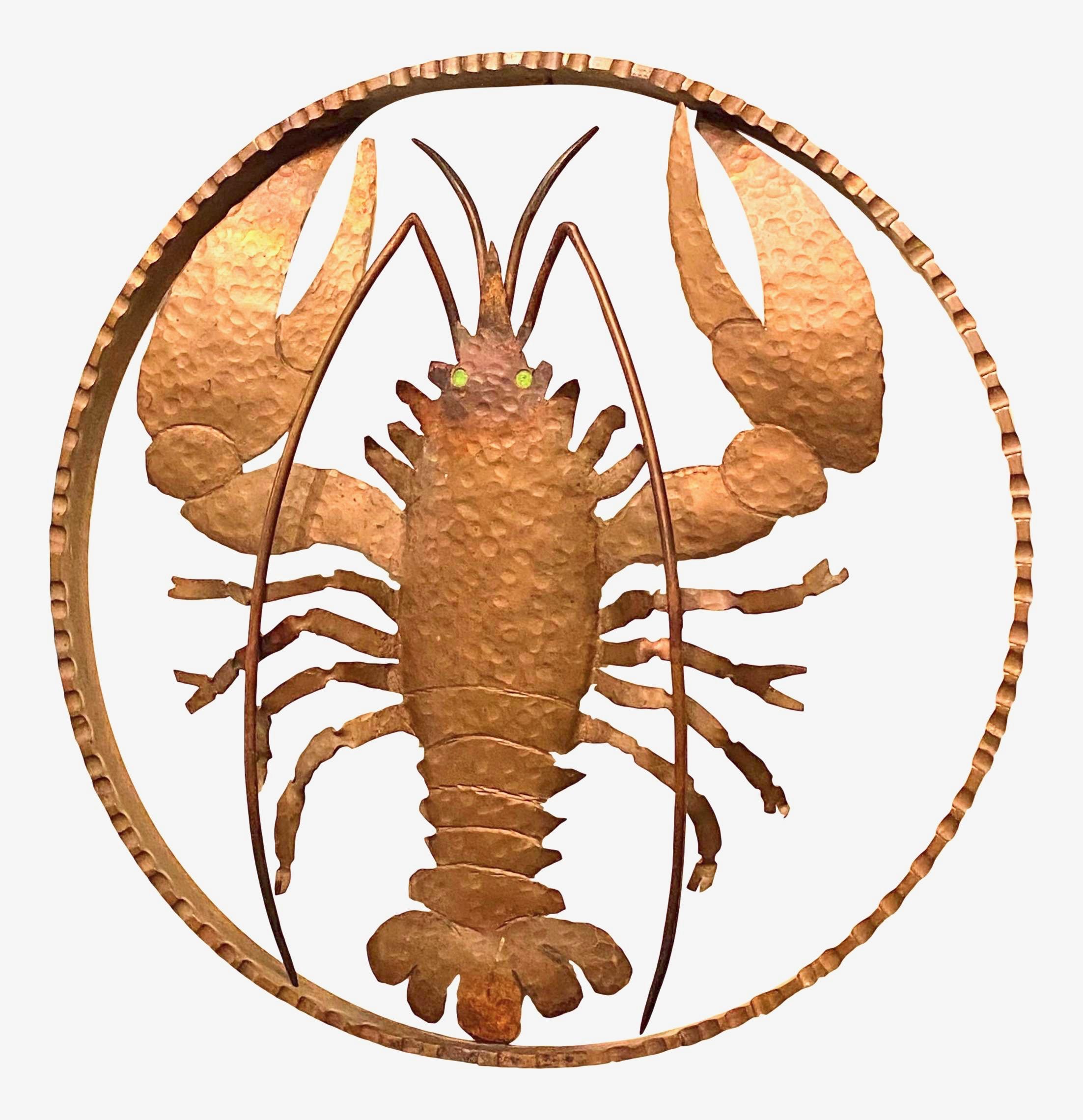 A large metal copper wall plaque showing a lobster animal. Made of treated copper with a nice patina. Typically made in Germany in the 1960s, as a statement piece on your wall hanging over a cupboard or credenza.