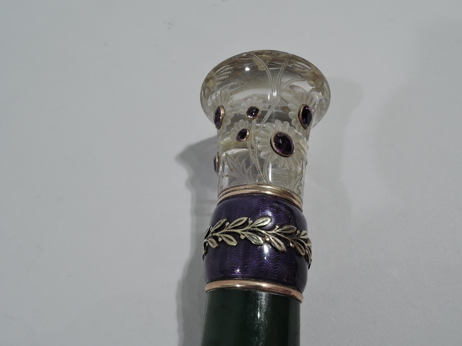 Modern Beautiful Long-Handled Magnifying Glass in Nephrite, Crystal, & Enamel