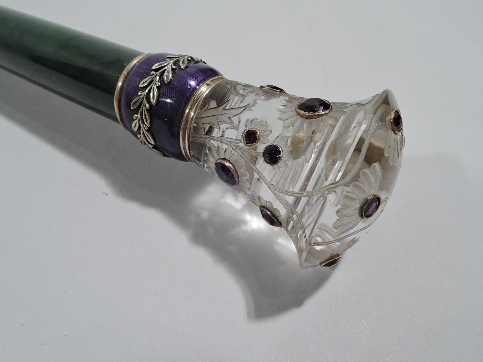 Unknown Beautiful Long-Handled Magnifying Glass in Nephrite, Crystal, & Enamel