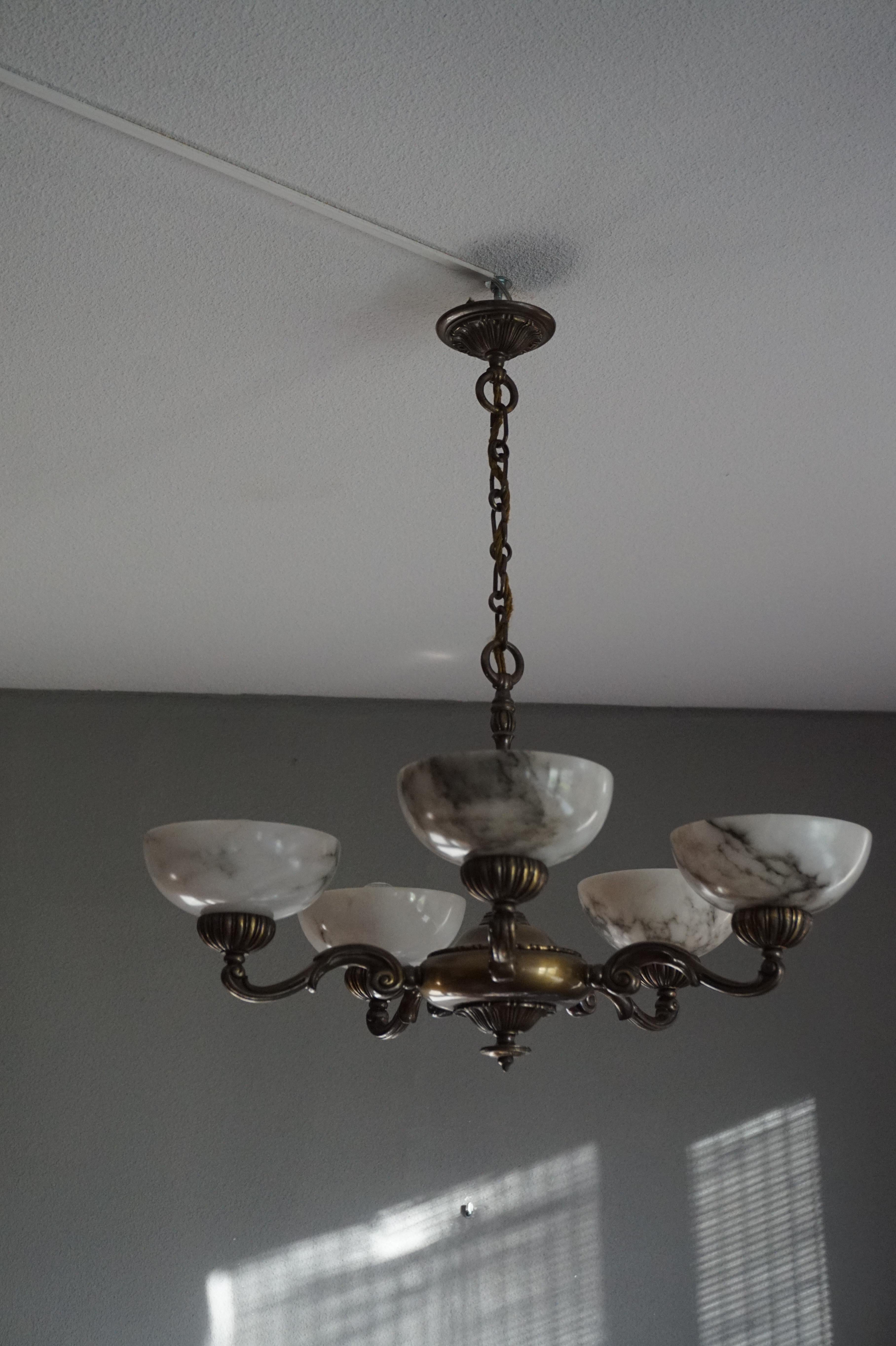 20th Century Beautiful Looking Classical Style Brass and Alabaster Chandelier / Light Fixture