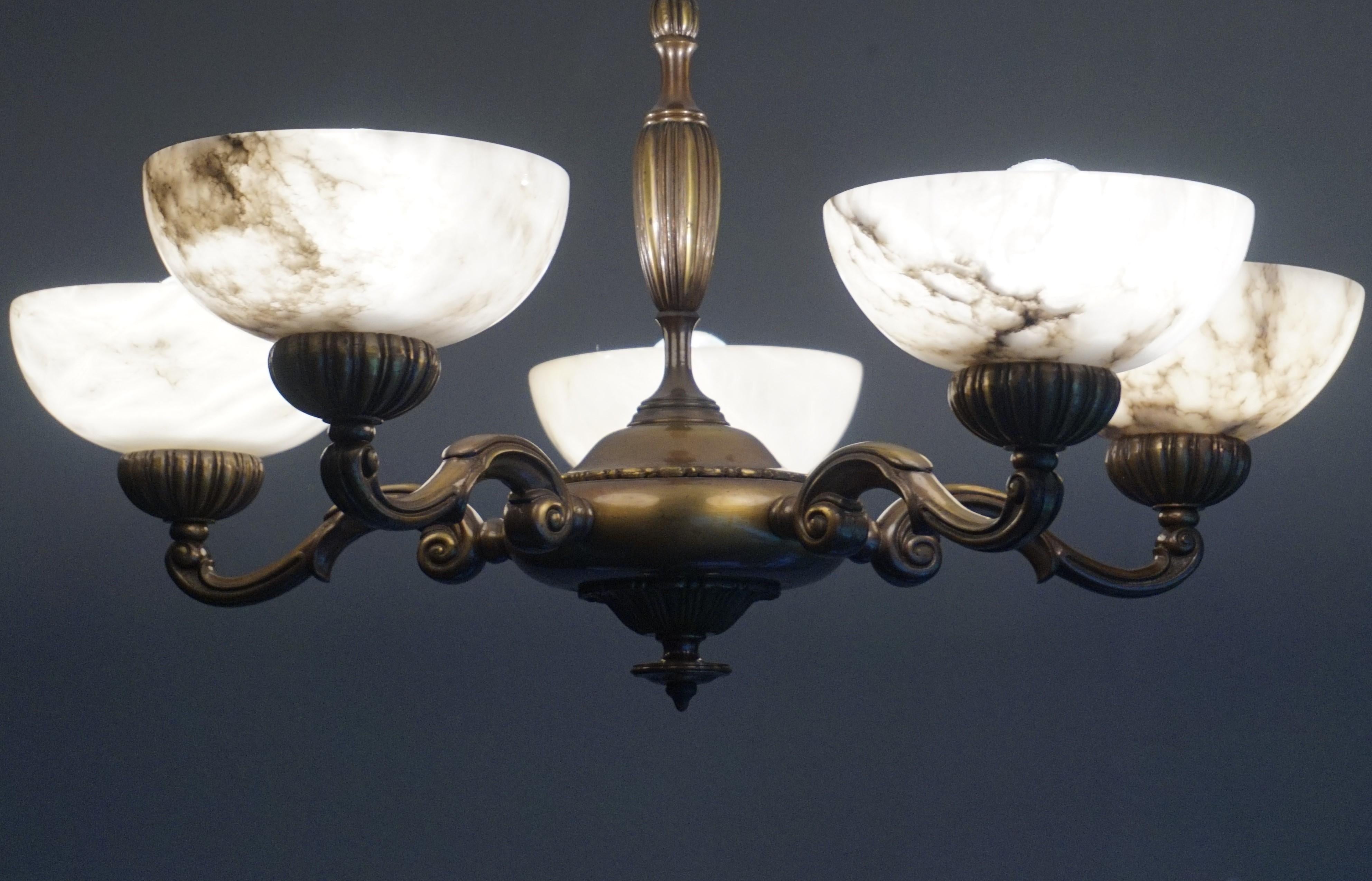 European Beautiful Looking Classical Style Brass and Alabaster Chandelier / Light Fixture