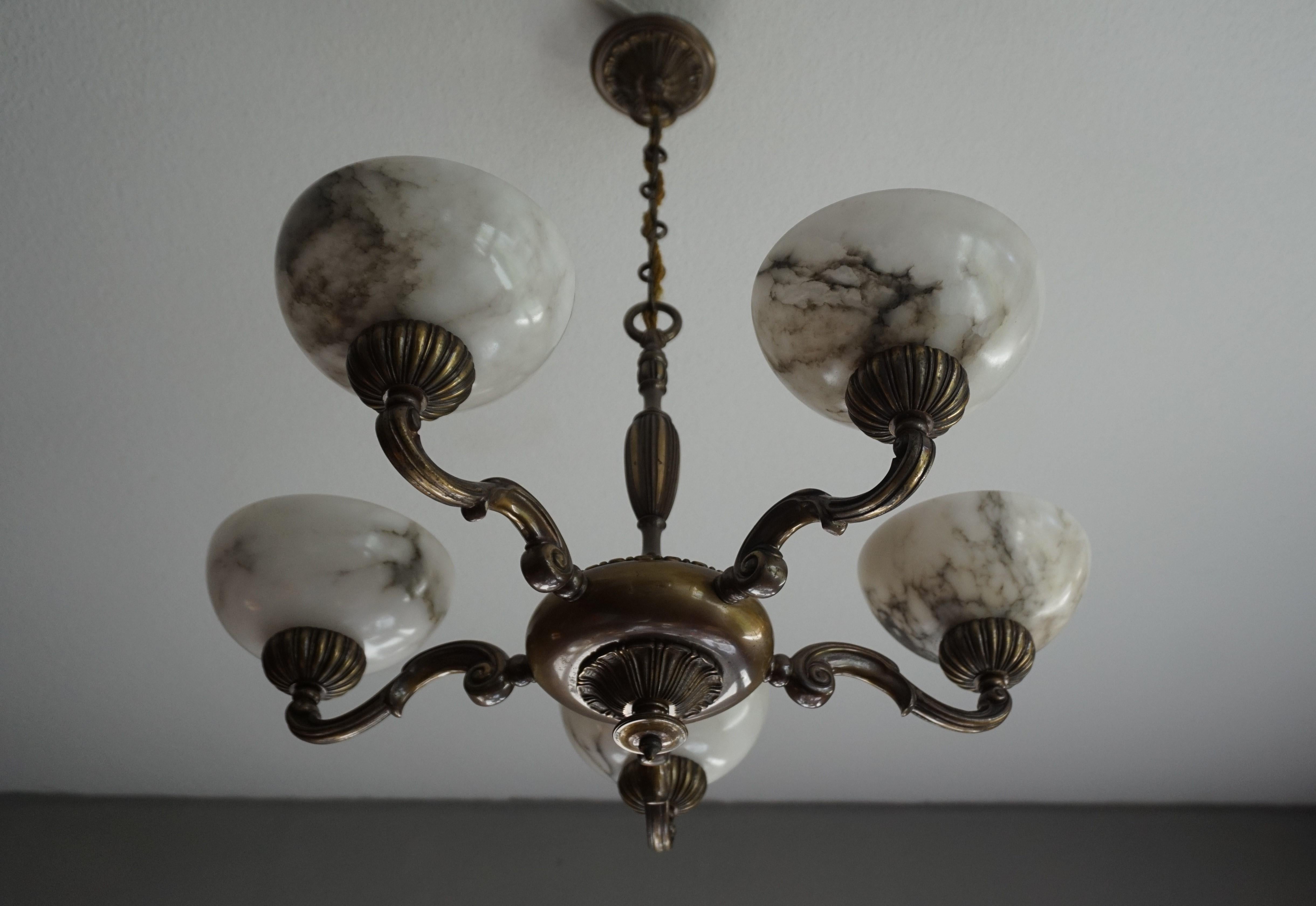 Patinated Beautiful Looking Classical Style Brass and Alabaster Chandelier / Light Fixture