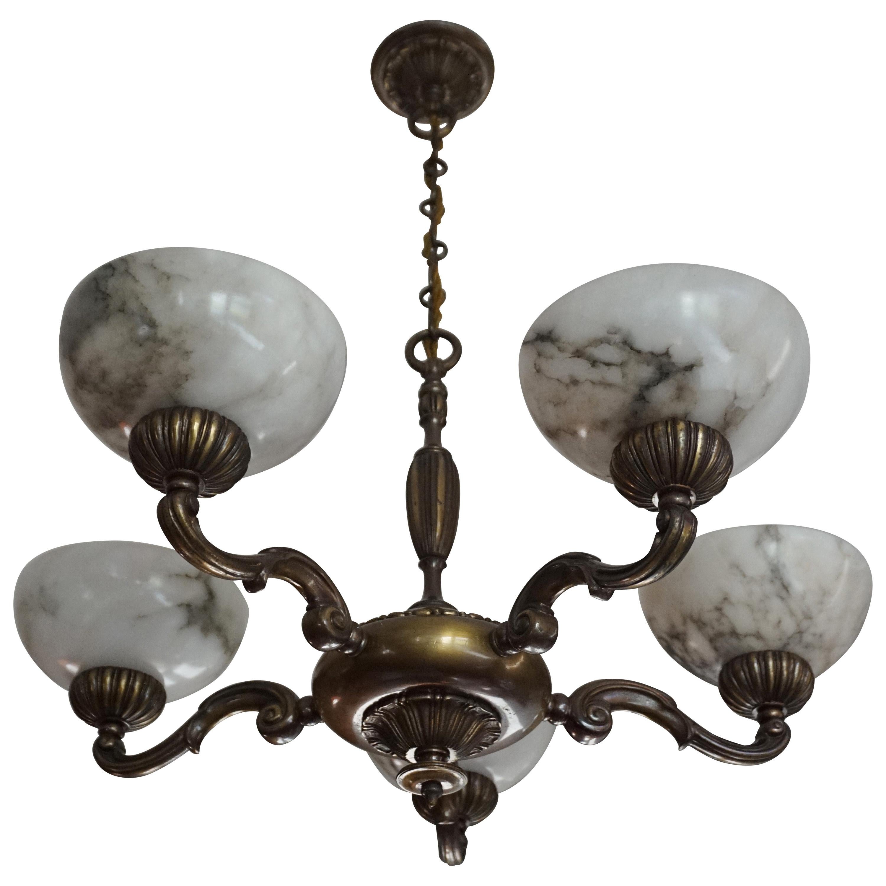 Beautiful Looking Classical Style Brass and Alabaster Chandelier / Light Fixture