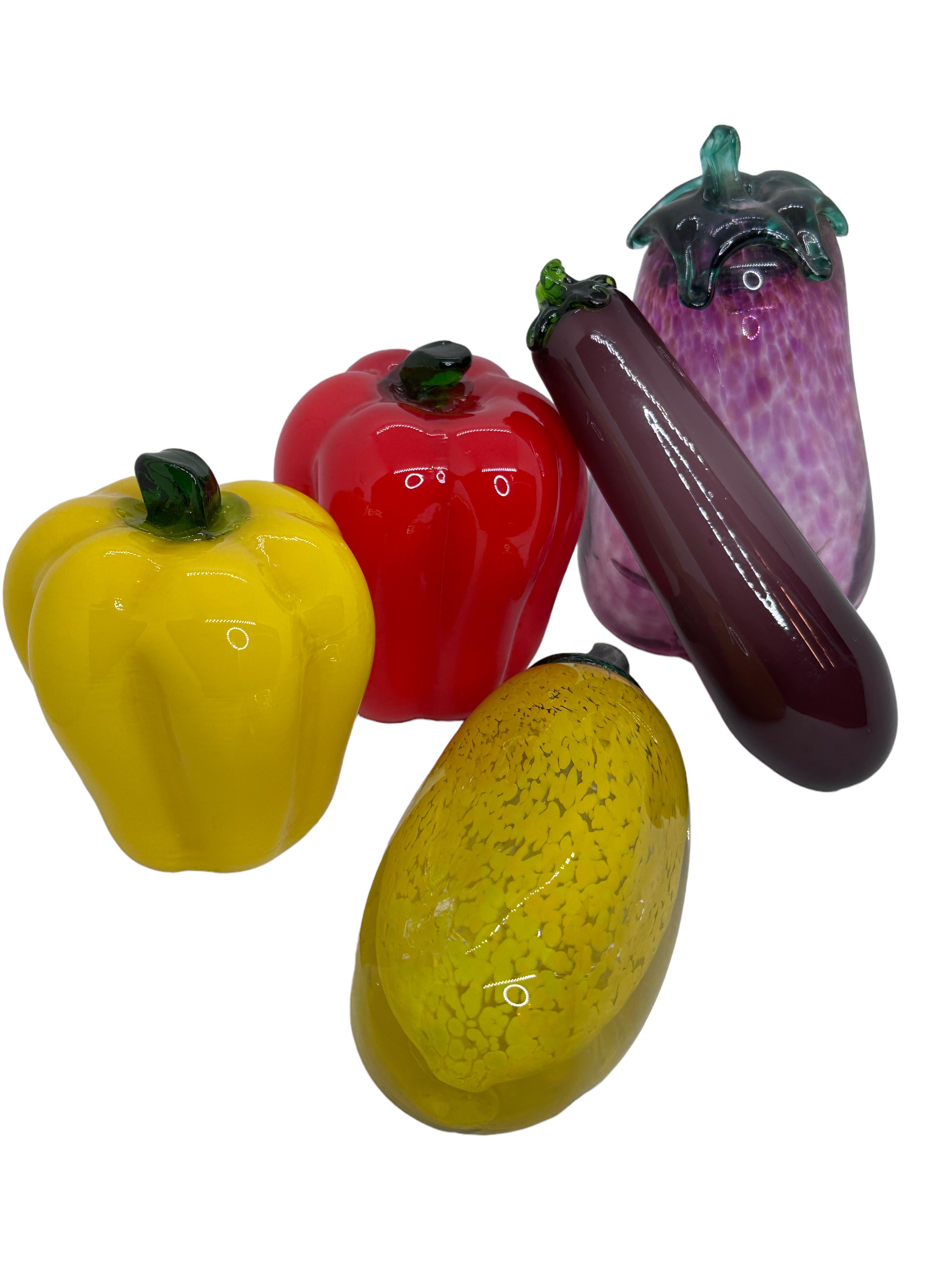 Beautiful Murano hand blown Italian art glass pieces. In the shape of fruits and vegetables. Colors are as seen in the pictures. A beautiful nice addition to your collection or to display in your home. The size given in dimensions section refers to
