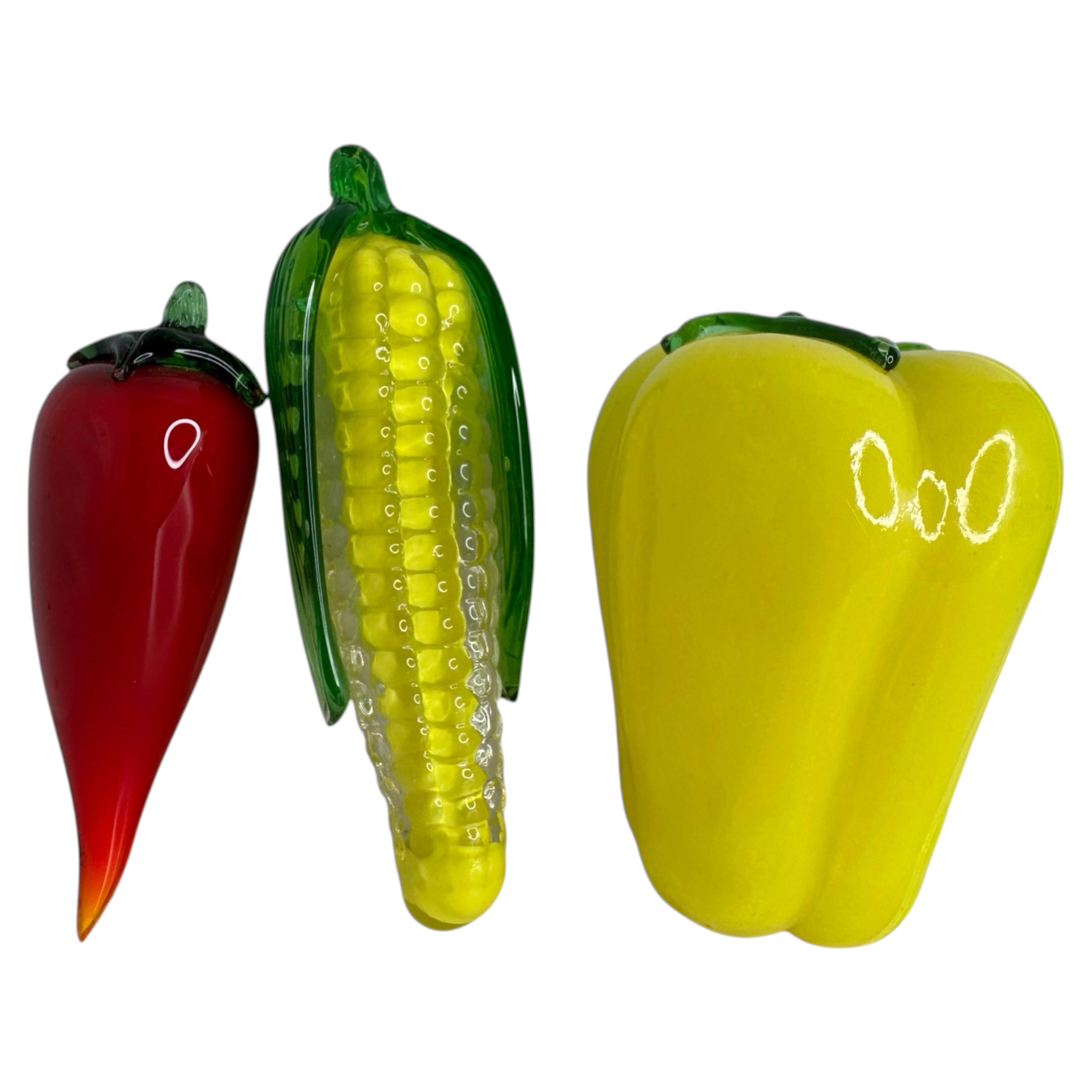 Beautiful Lot of Three Murano Italian Art Glass Vegetable Fruit, Italy, 1980s
