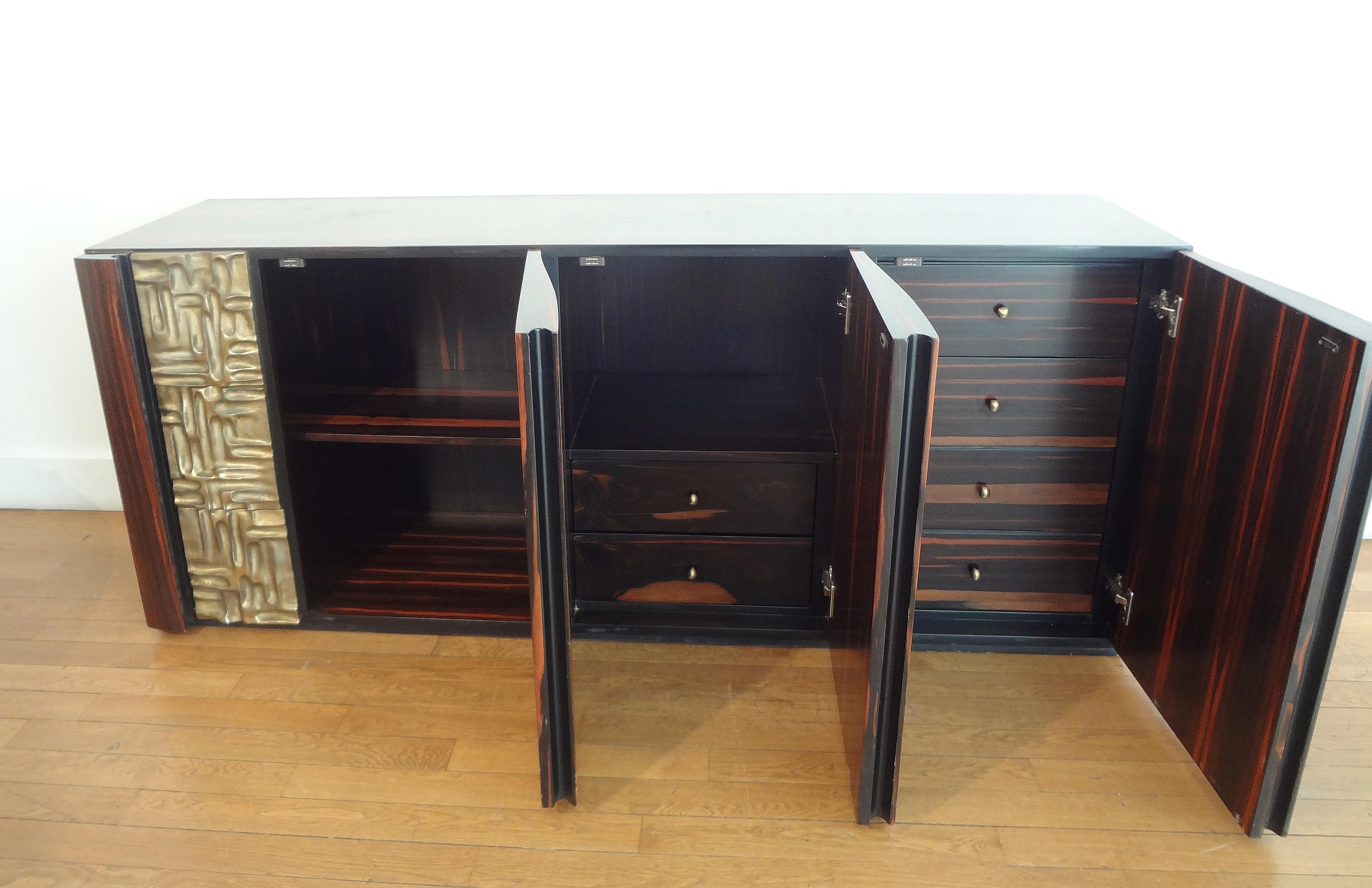 Late 20th Century Beautiful Macassar Ebony and Bronze Sideboard by L. Frigerio, circa 1975 For Sale